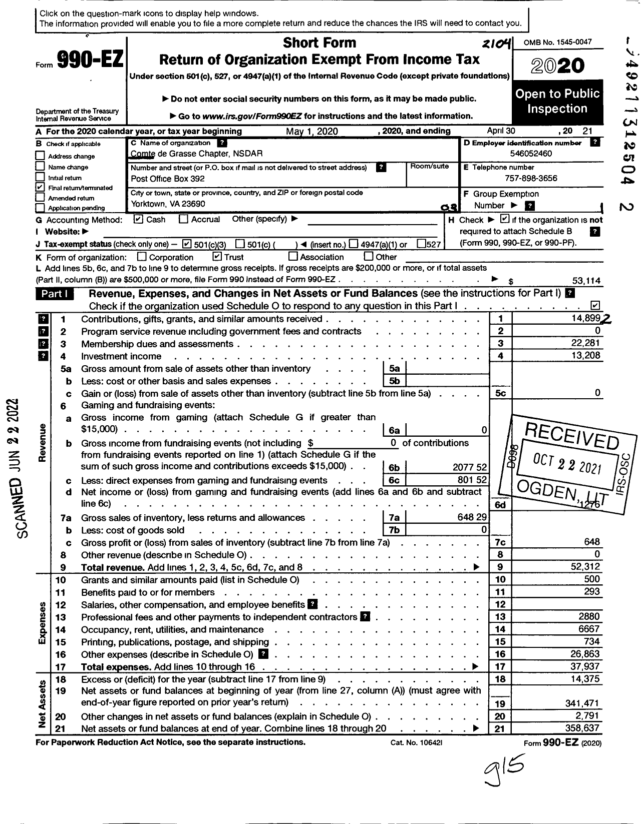 Image of first page of 2020 Form 990EZ for Daughters of the American Revolution - Comte de Grasse Dar