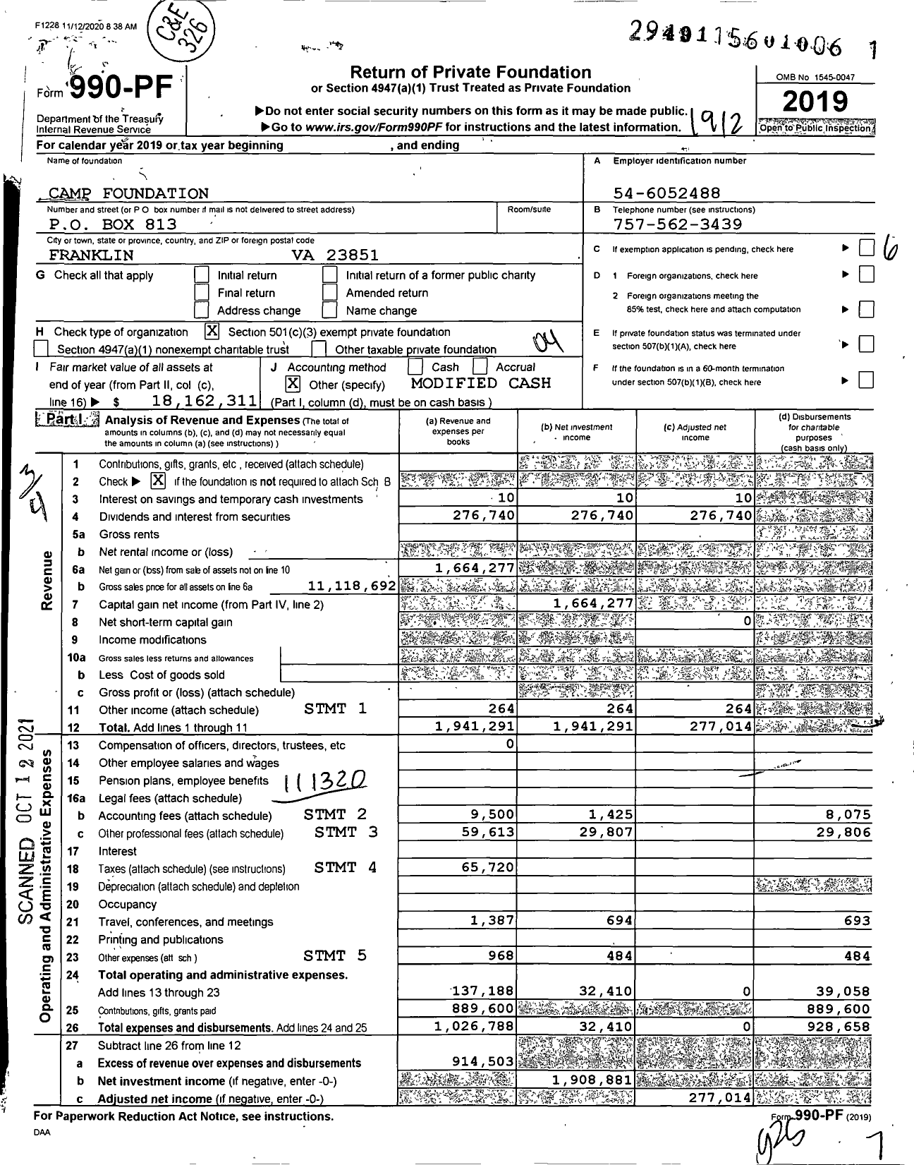 Image of first page of 2019 Form 990PF for Camp Foundation