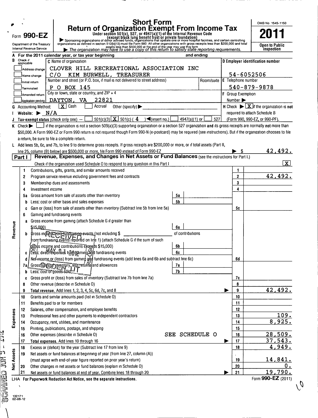 Image of first page of 2011 Form 990EO for Clover Hill Recreational Association Incorporated