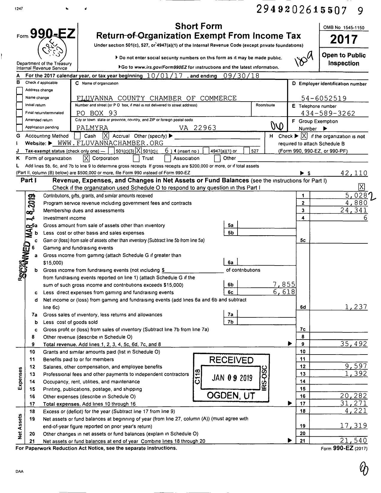 Image of first page of 2017 Form 990EO for Fluvanna County Chamber of Commerce