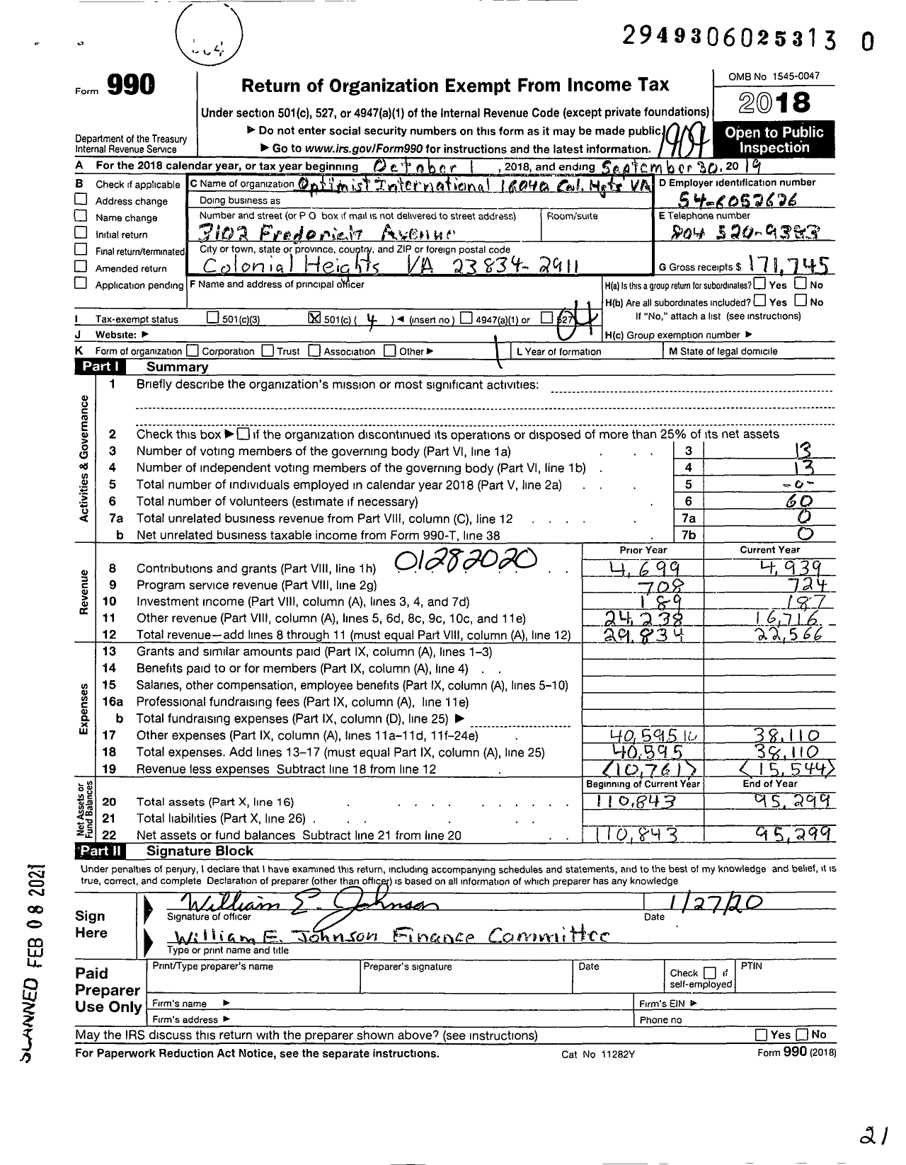 Image of first page of 2018 Form 990O for Optimist International - 16040 Oc of Colonial Heights VA