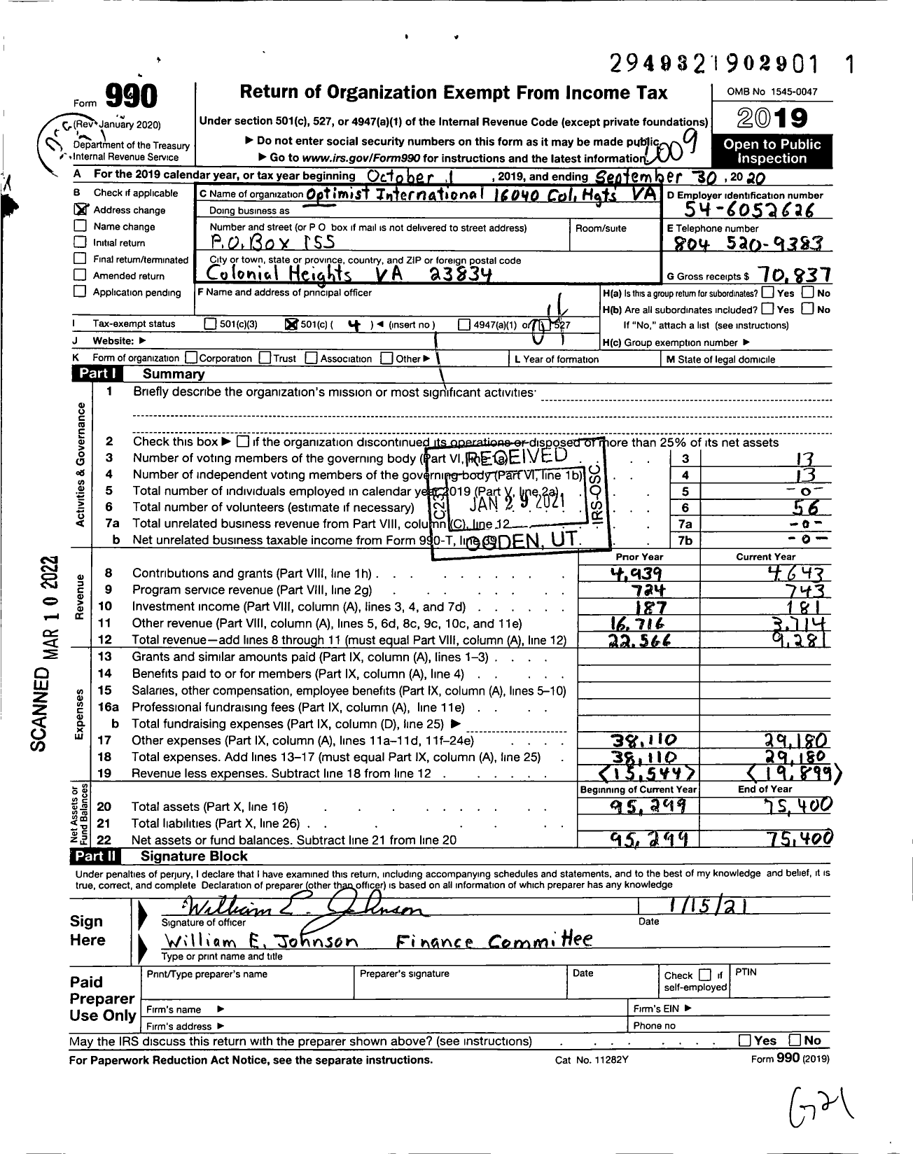 Image of first page of 2019 Form 990O for Optimist International - 16040 Oc of Colonial Heights VA