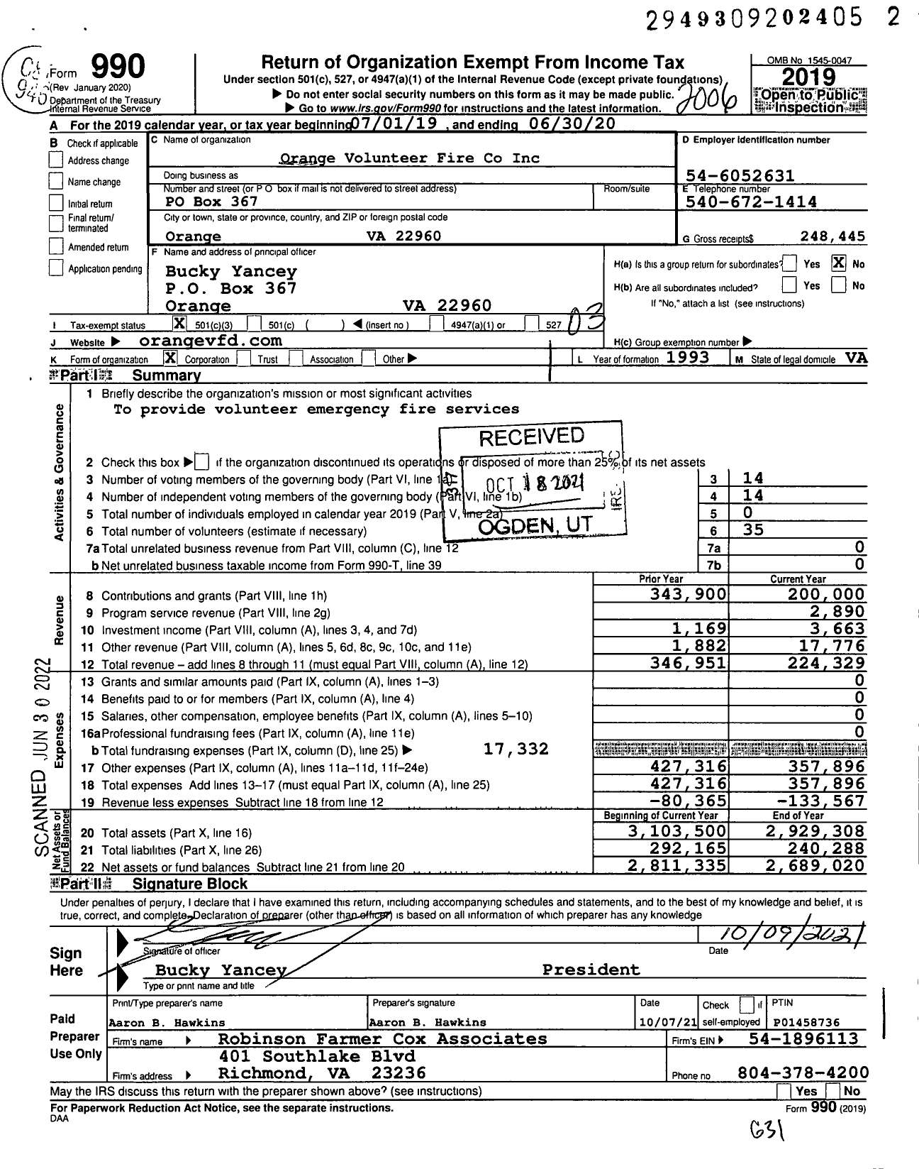 Image of first page of 2019 Form 990 for Orange Volunteer Fire