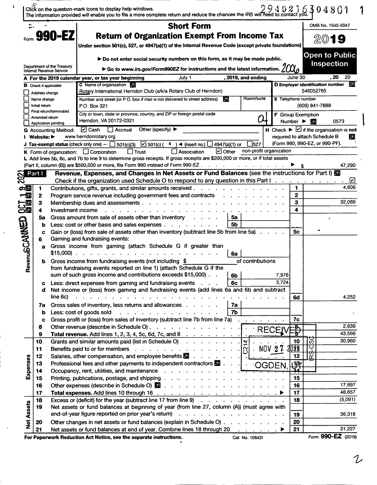 Image of first page of 2019 Form 990EO for Rotary International - Rotary Club of Herndon