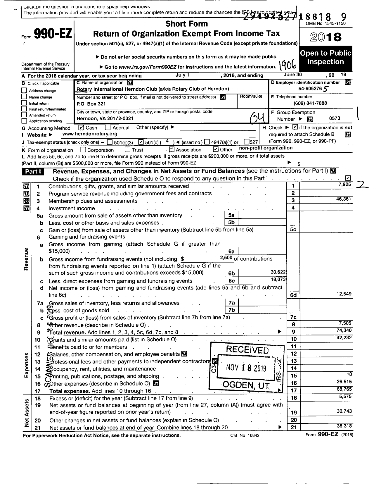 Image of first page of 2018 Form 990EO for Rotary International - Rotary Club of Herndon