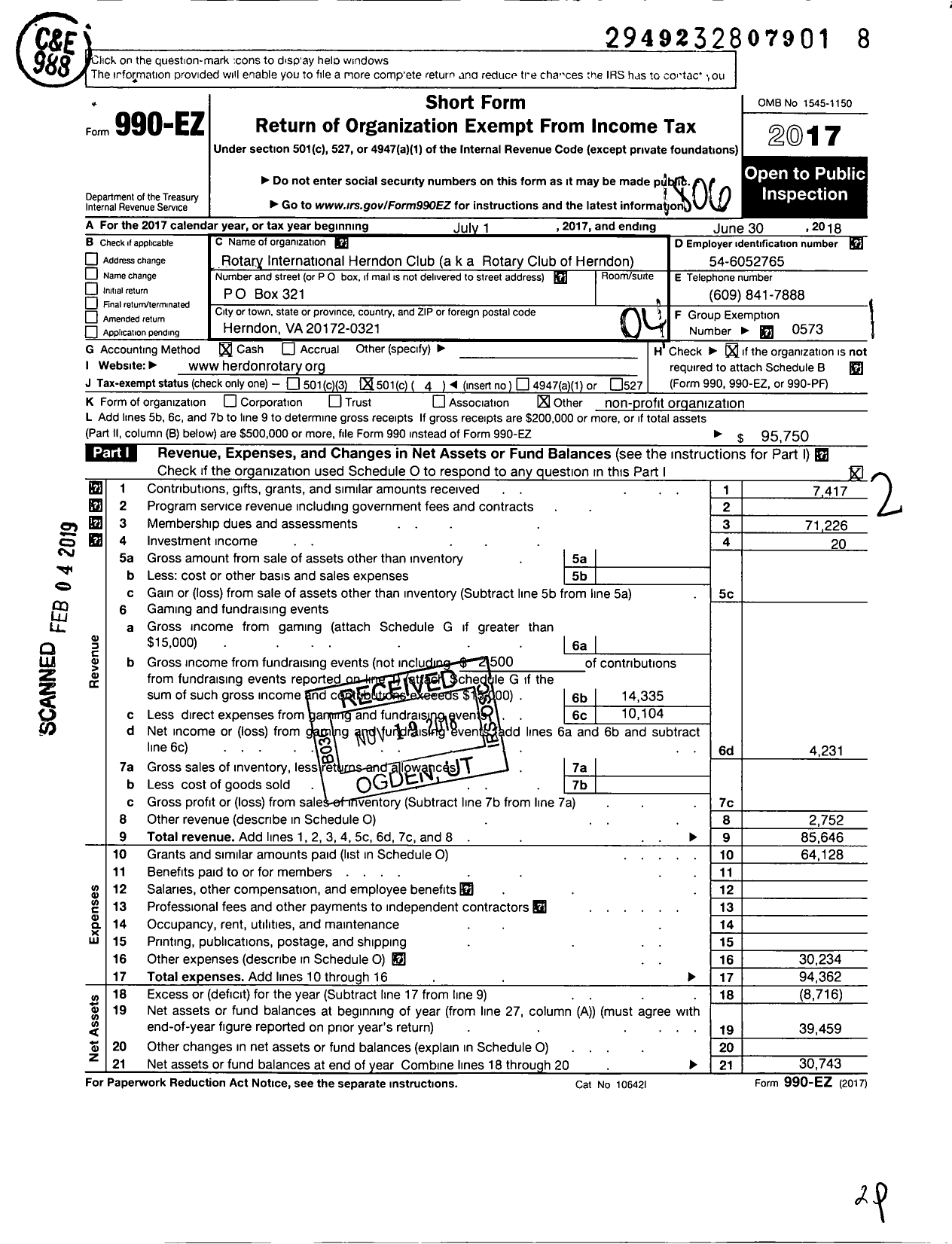 Image of first page of 2017 Form 990EO for Rotary International - Rotary Club of Herndon