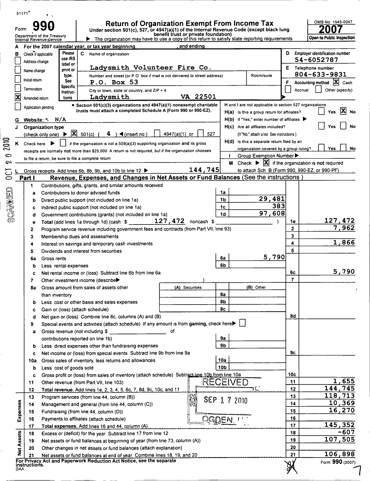 Image of first page of 2007 Form 990O for Ladysmith Volunteer Fire