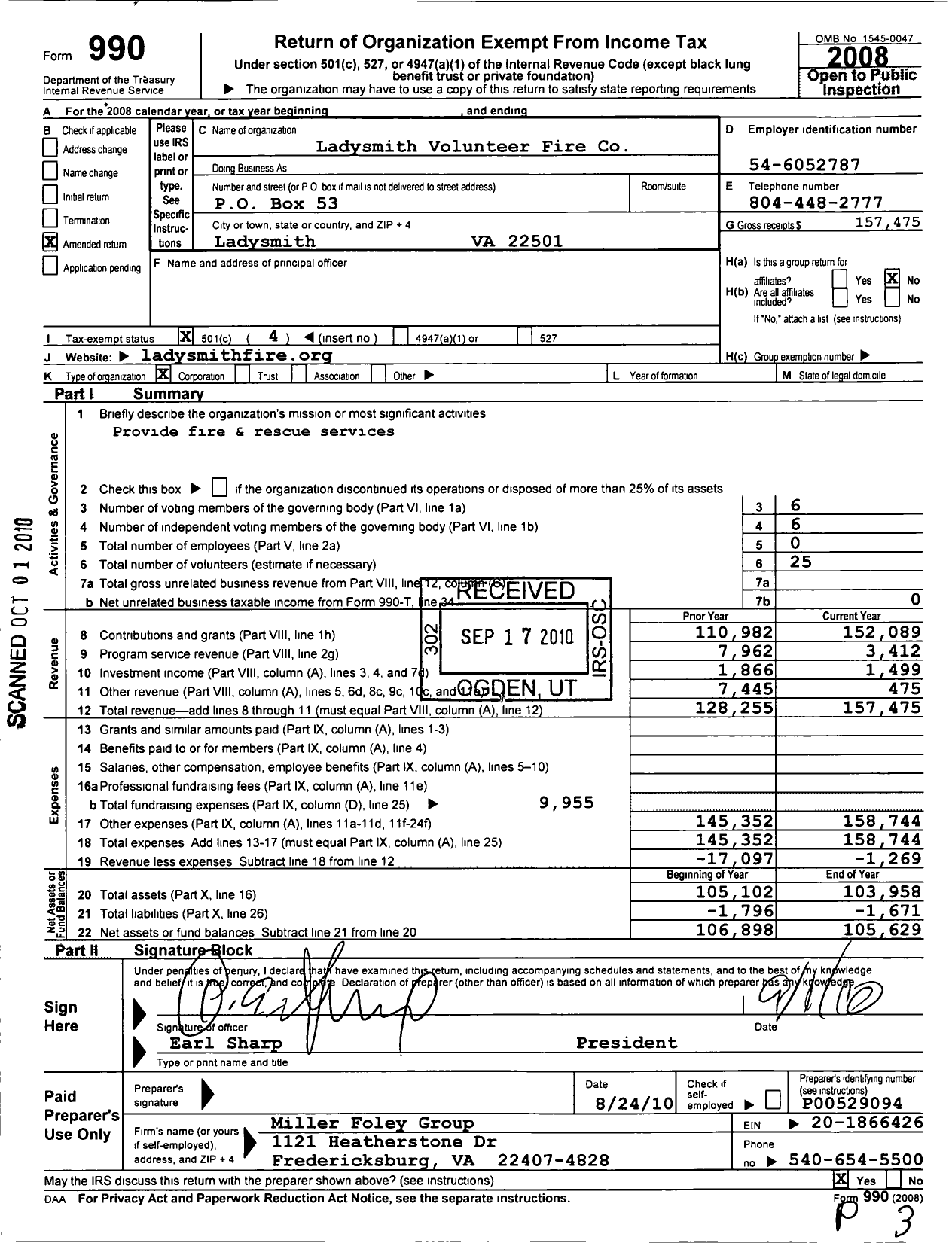 Image of first page of 2008 Form 990O for Ladysmith Volunteer Fire