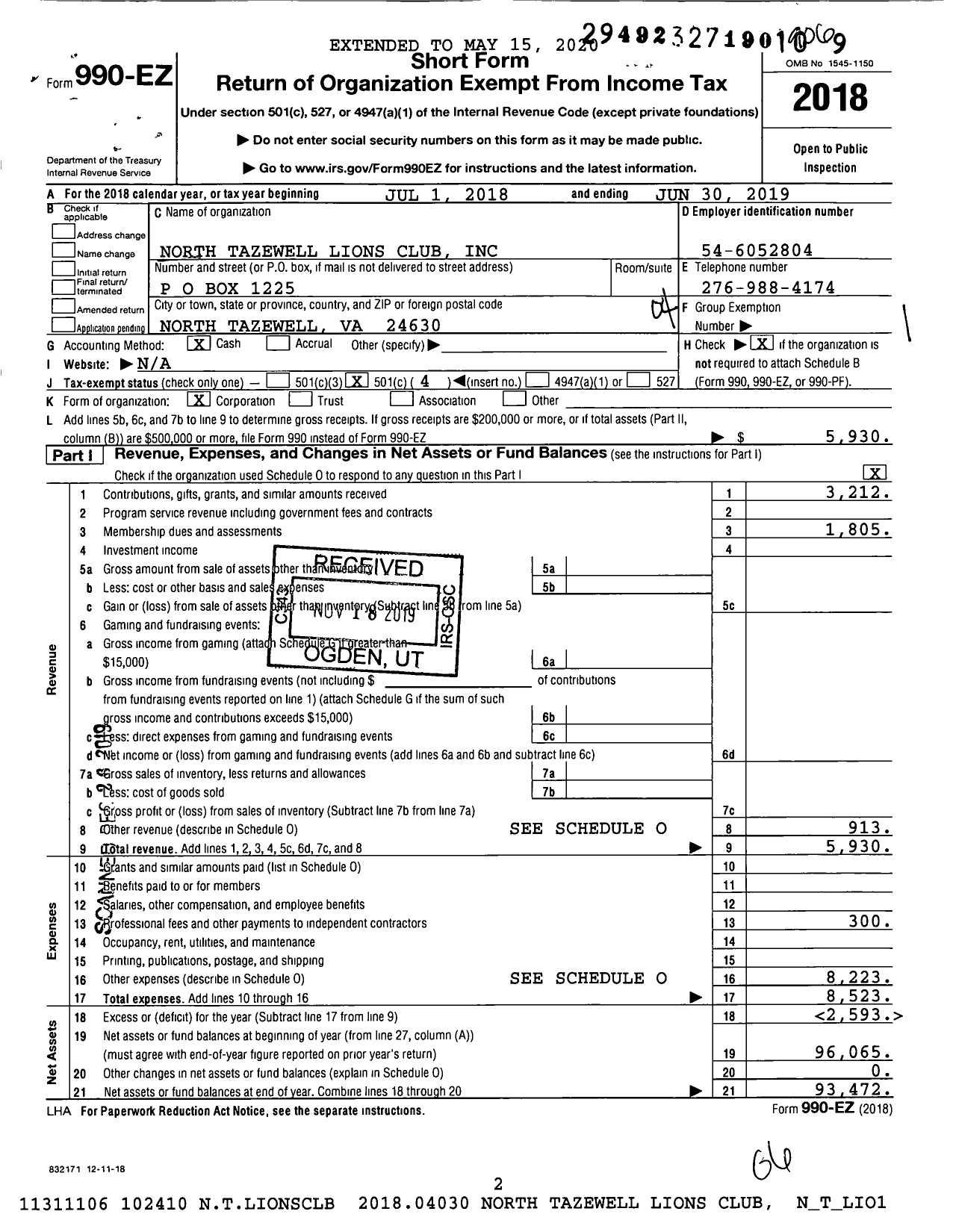 Image of first page of 2018 Form 990EO for Lions Clubs - 9400 North Tazewell