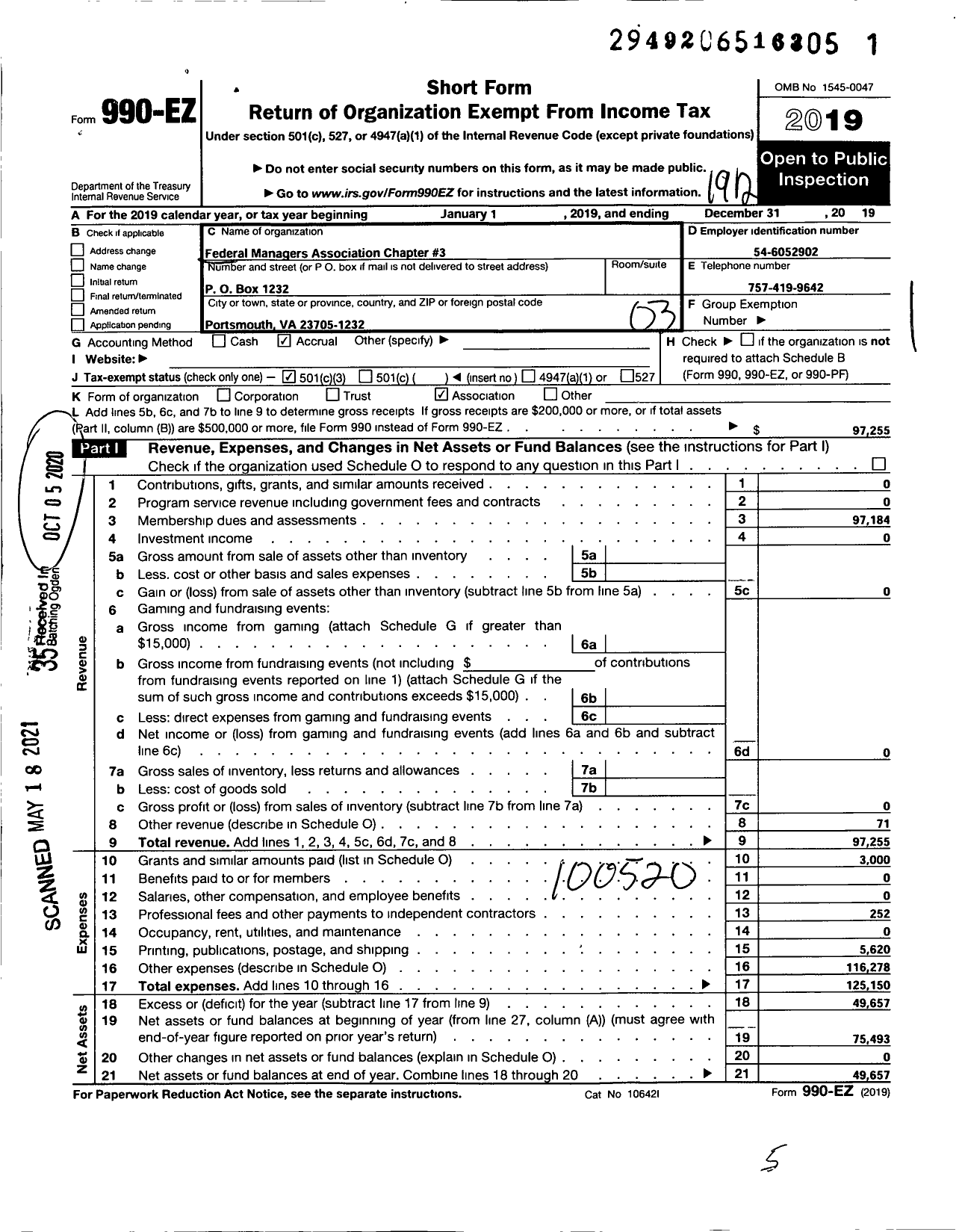 Image of first page of 2019 Form 990EZ for Federal Managers Association - 3 Norfolk Naval Chapter