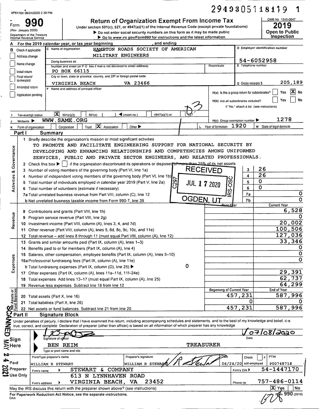 Image of first page of 2019 Form 990 for Hampton Roads Society of American Military Engineers