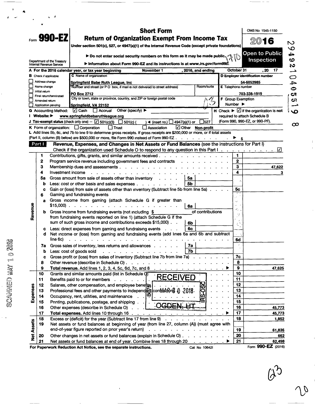 Image of first page of 2016 Form 990EZ for Springfield Babe Ruth League