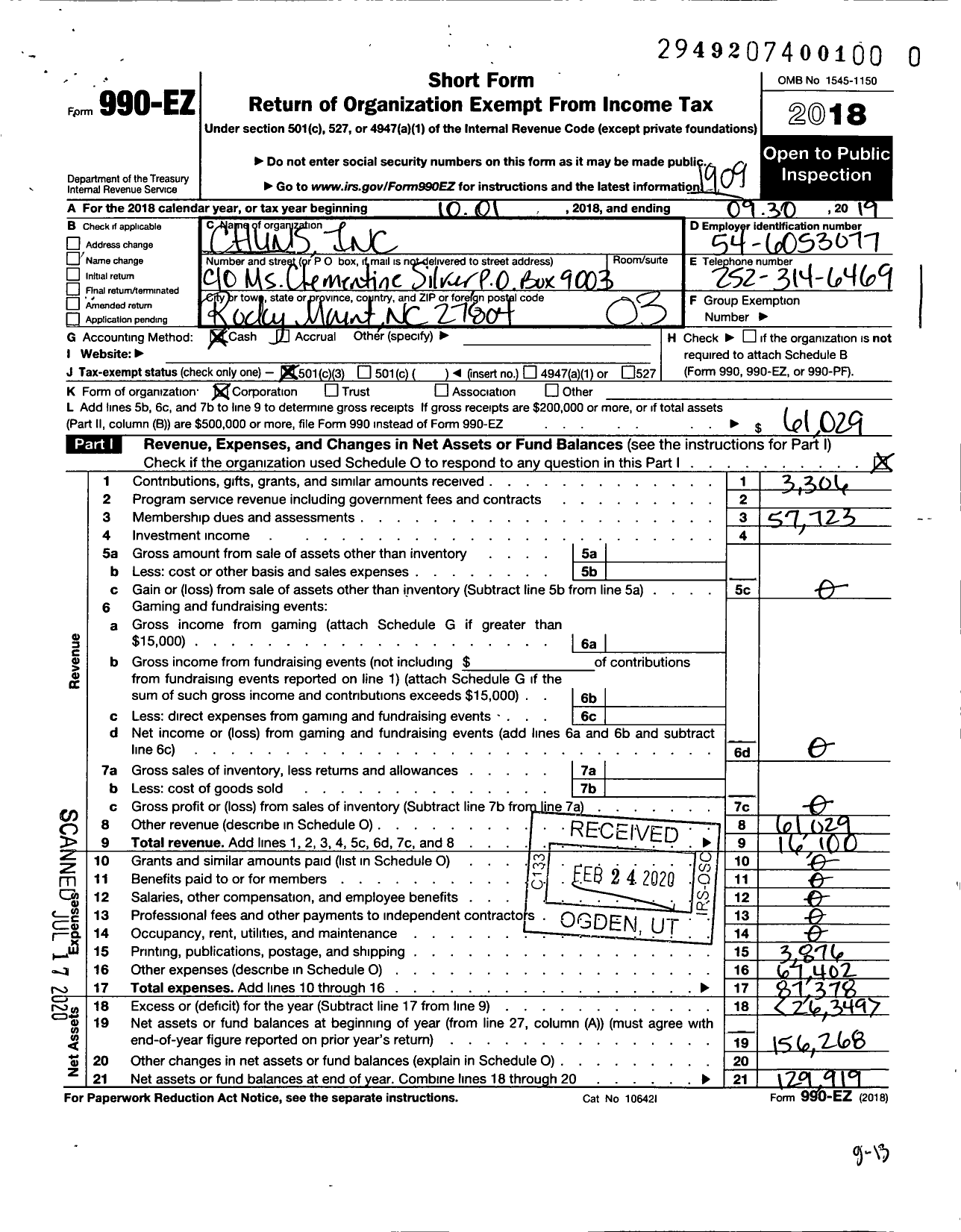 Image of first page of 2018 Form 990EZ for Chums Incorporated