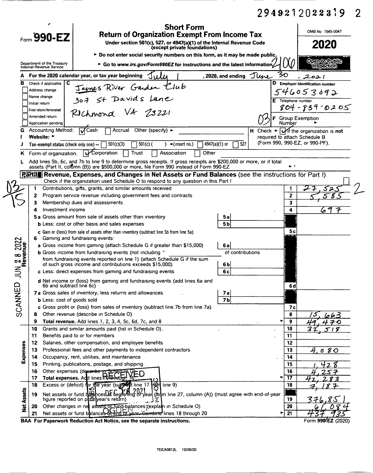 Image of first page of 2020 Form 990EZ for James River Garden Club