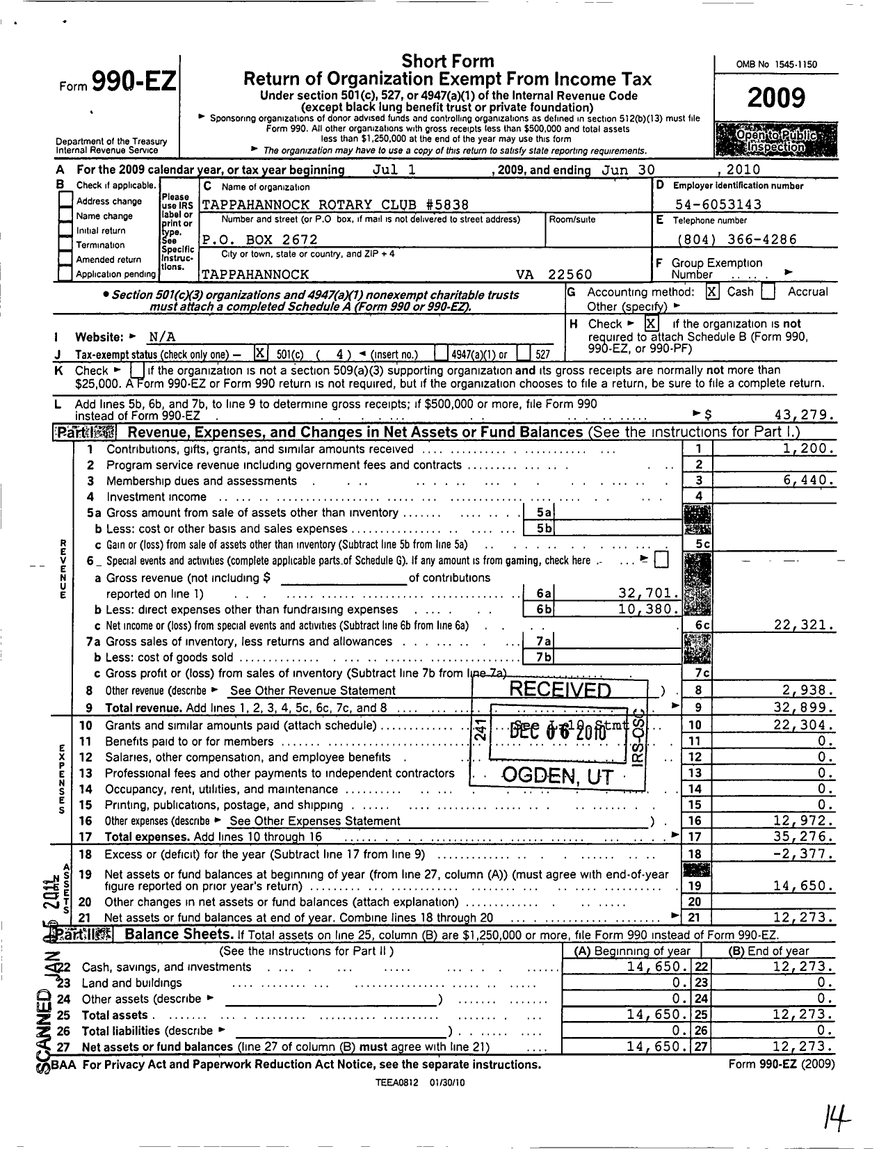 Image of first page of 2009 Form 990EO for Rotary International - Tappahannock Rotary Club