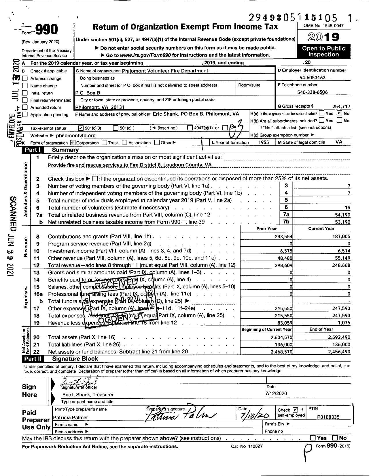 Image of first page of 2019 Form 990 for Philomont Volunteer Fire Department