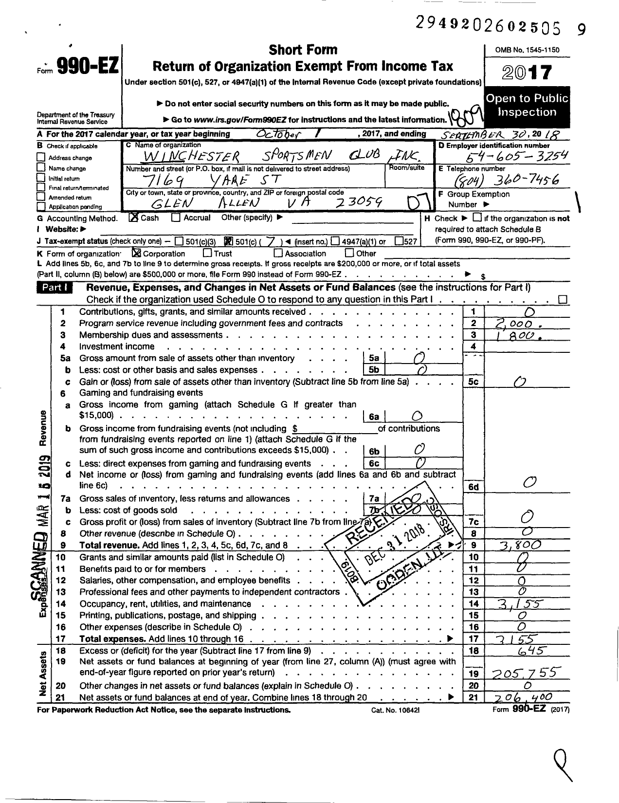 Image of first page of 2017 Form 990EO for Winchester Sportsmen Club