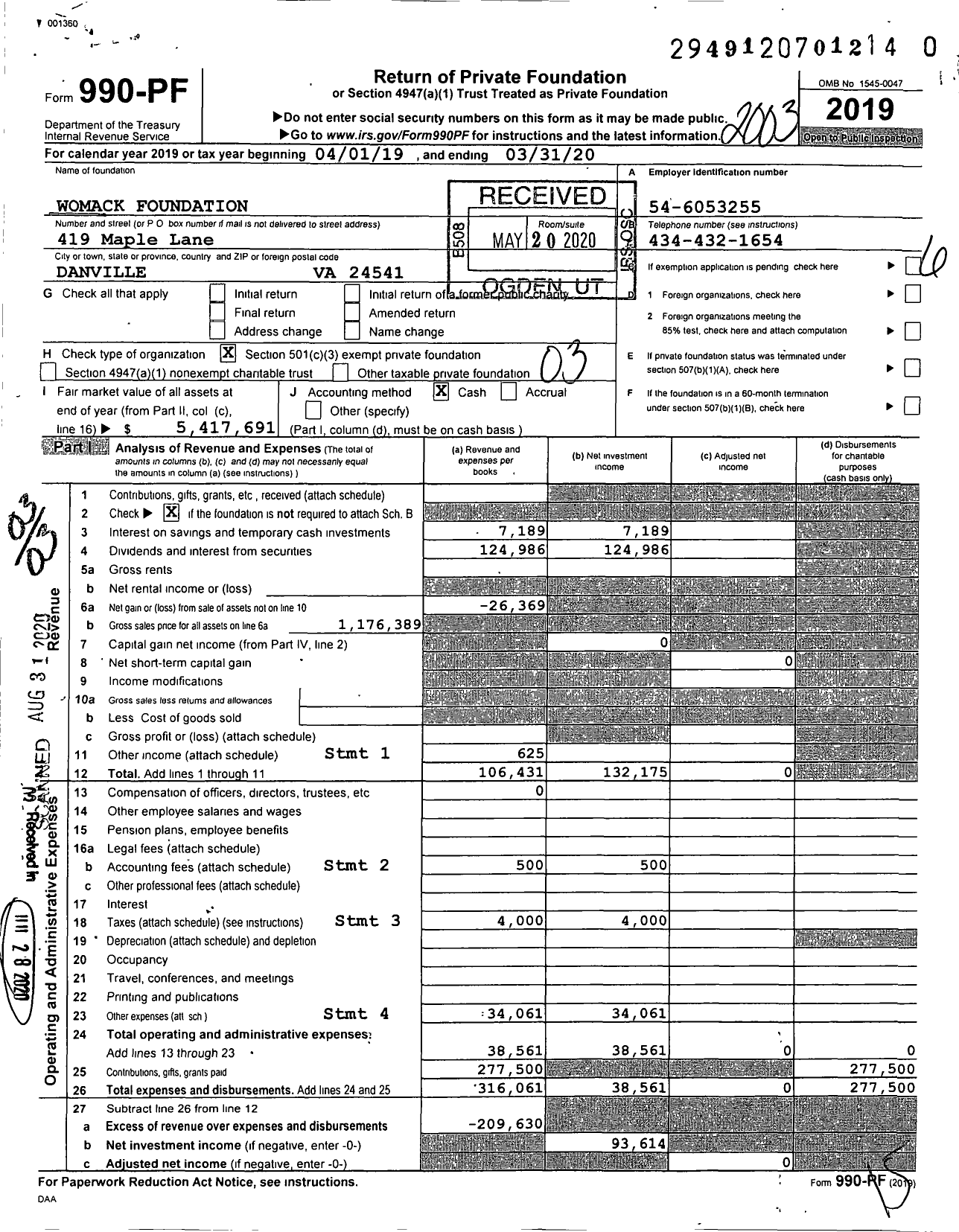 Image of first page of 2019 Form 990PR for Womack Foundation