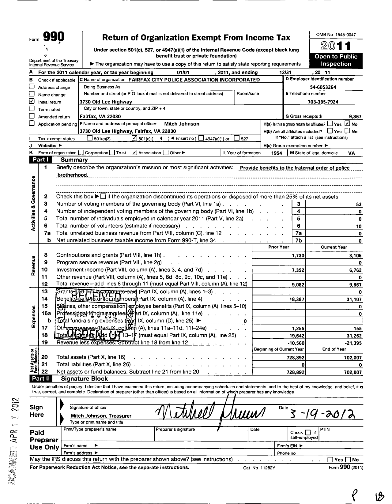 Image of first page of 2011 Form 990O for Fairfax City Police Association Incorporated