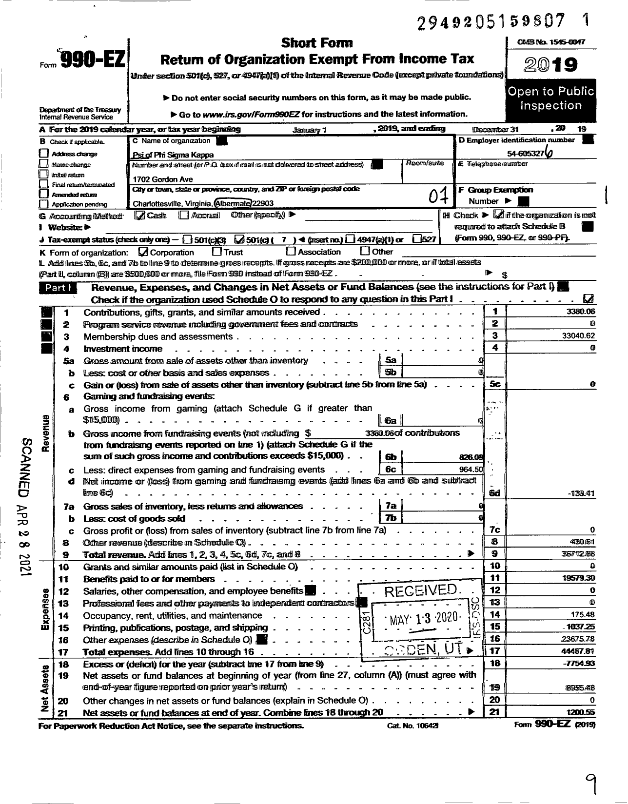 Image of first page of 2019 Form 990EO for Phi Sigma Kappa