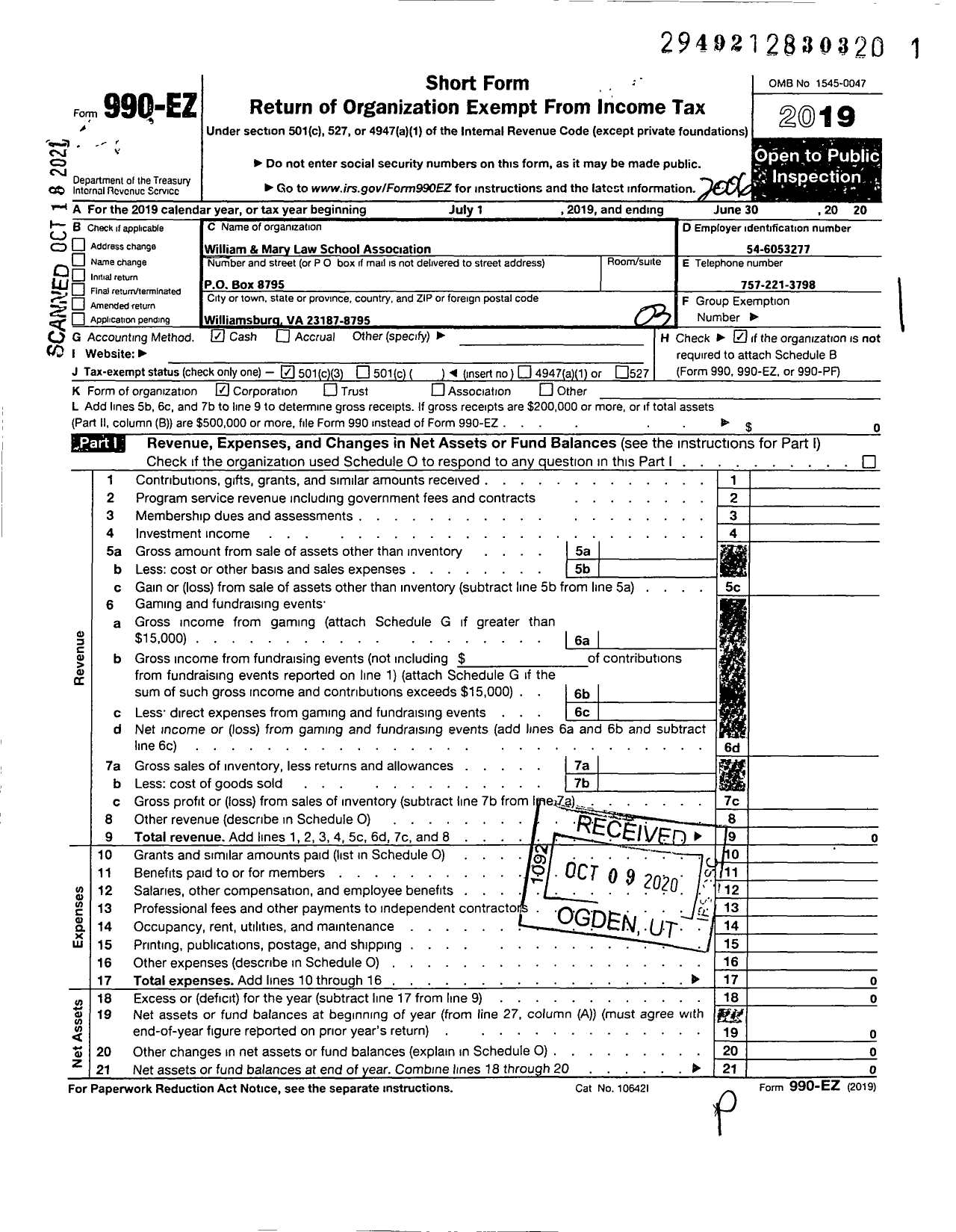 Image of first page of 2019 Form 990EZ for William and Mary Law School Association