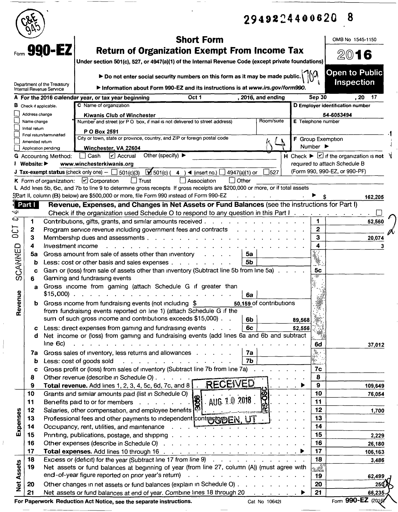 Image of first page of 2016 Form 990EO for Kiwanis International - K00806 Winchester