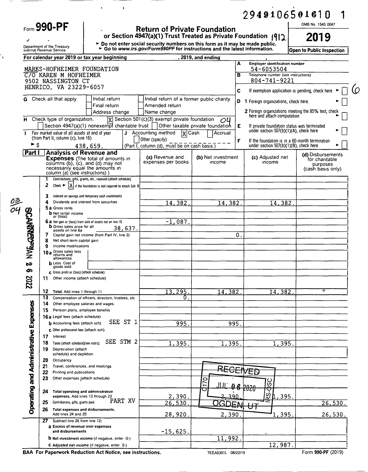 Image of first page of 2019 Form 990PF for Marks-Hofheimer Foundation