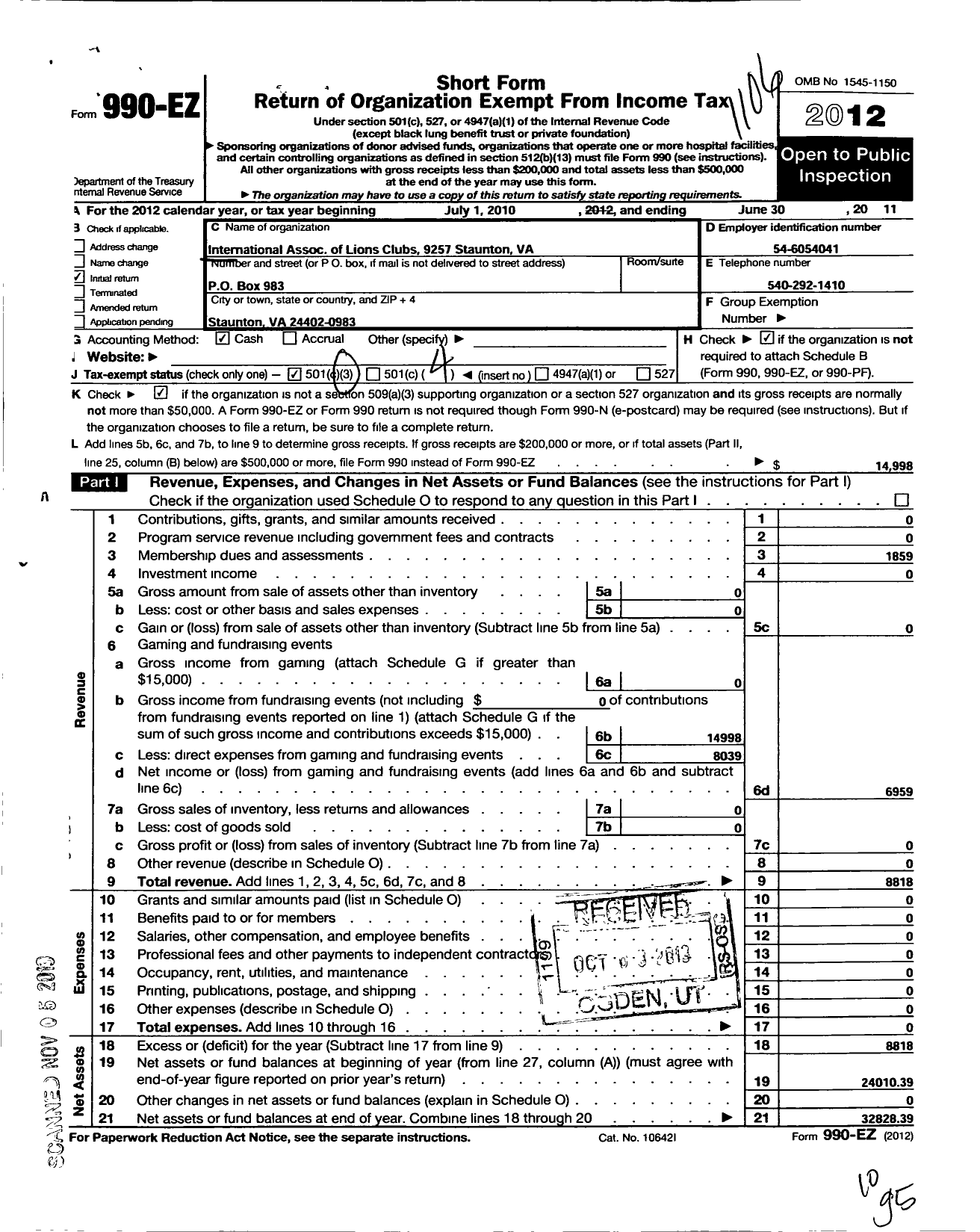 Image of first page of 2010 Form 990EO for Lions Clubs - Lions Club of Staunton