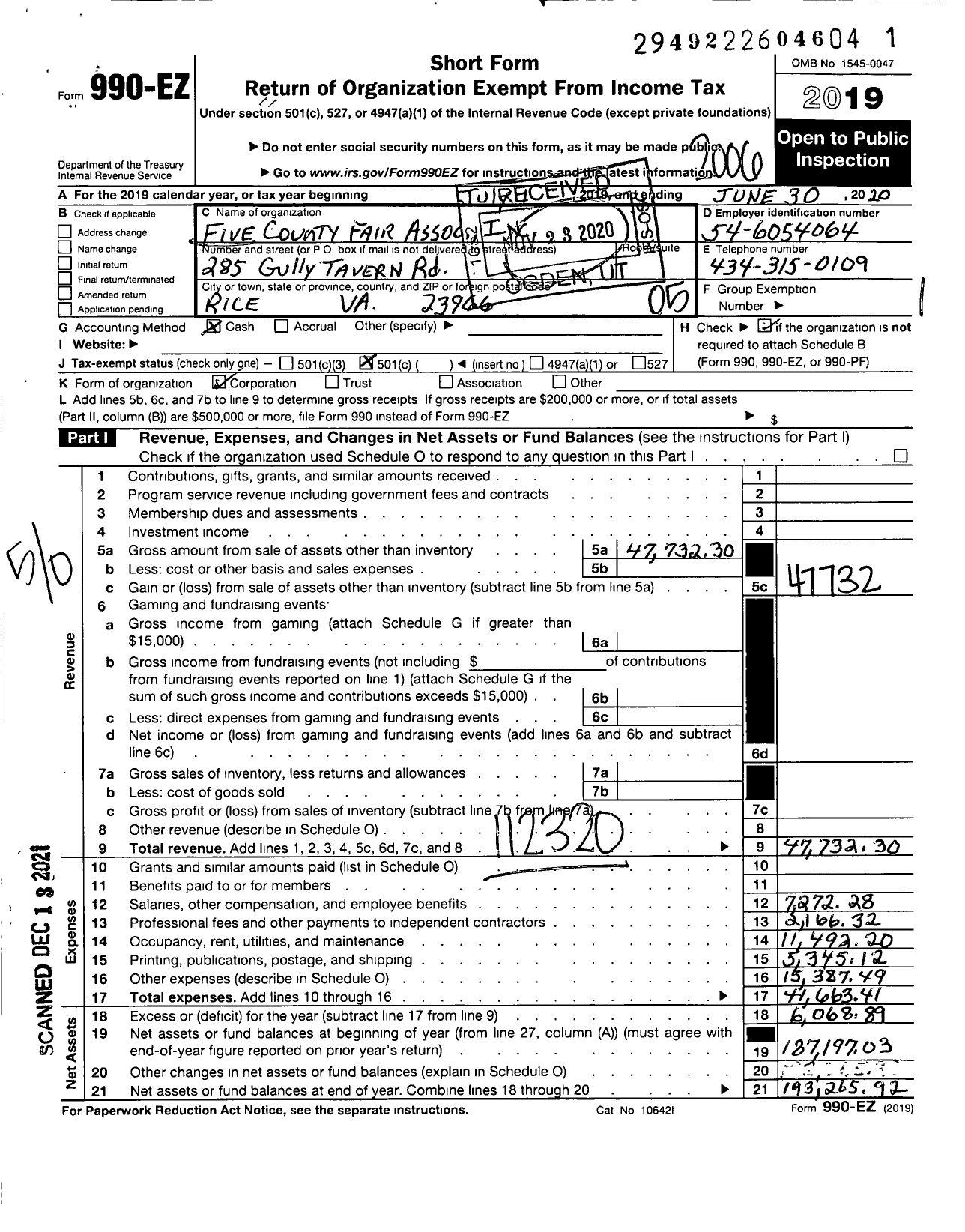 Image of first page of 2019 Form 990EO for Five County Fair Assoc