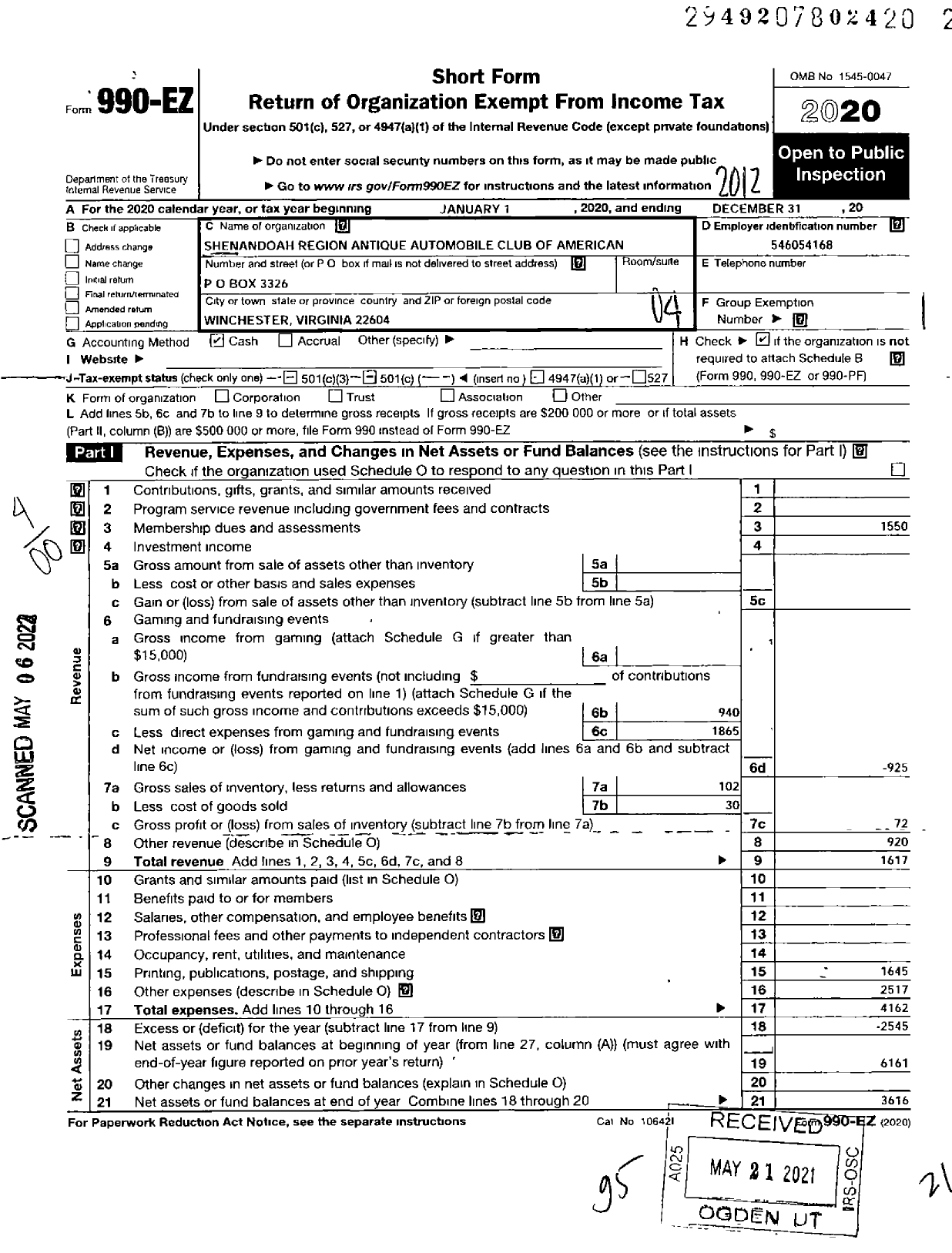 Image of first page of 2020 Form 990EO for Shenandoah Region Antique Automible