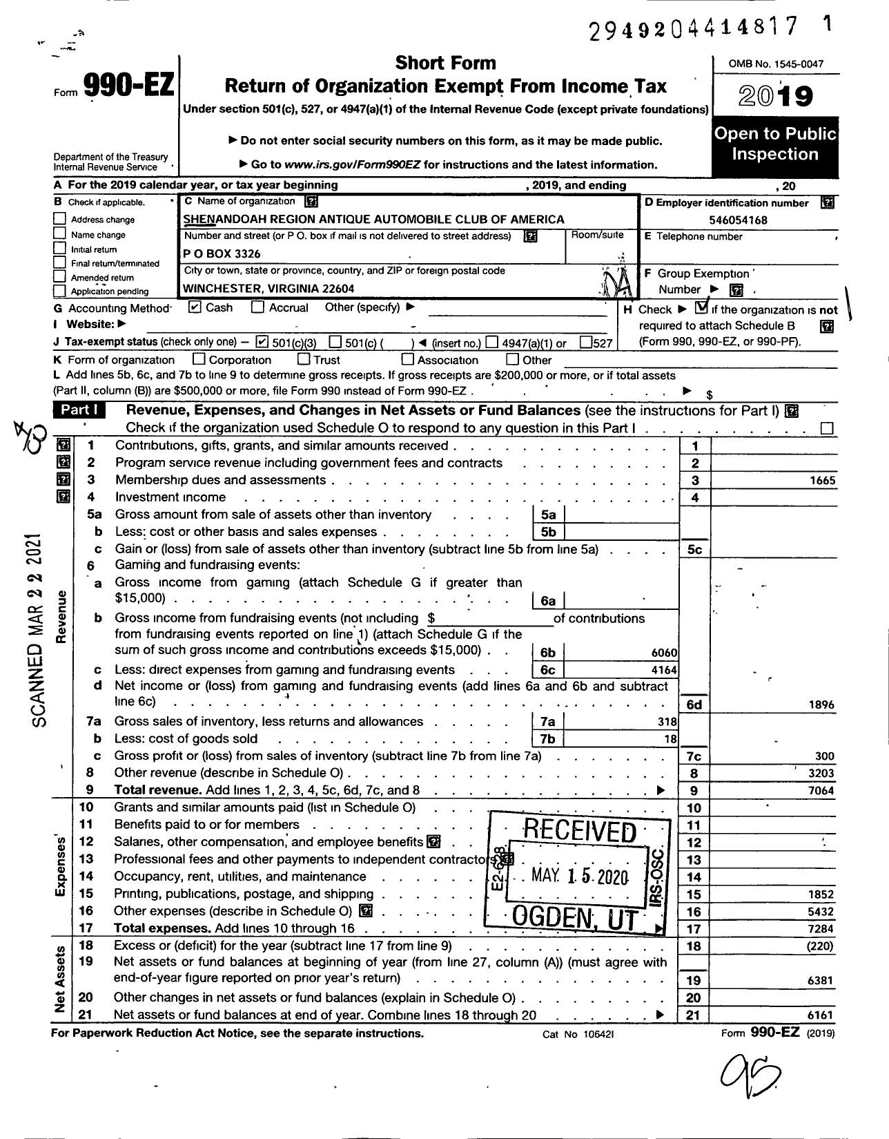 Image of first page of 2019 Form 990EO for Shenandoah Region Antique Automible