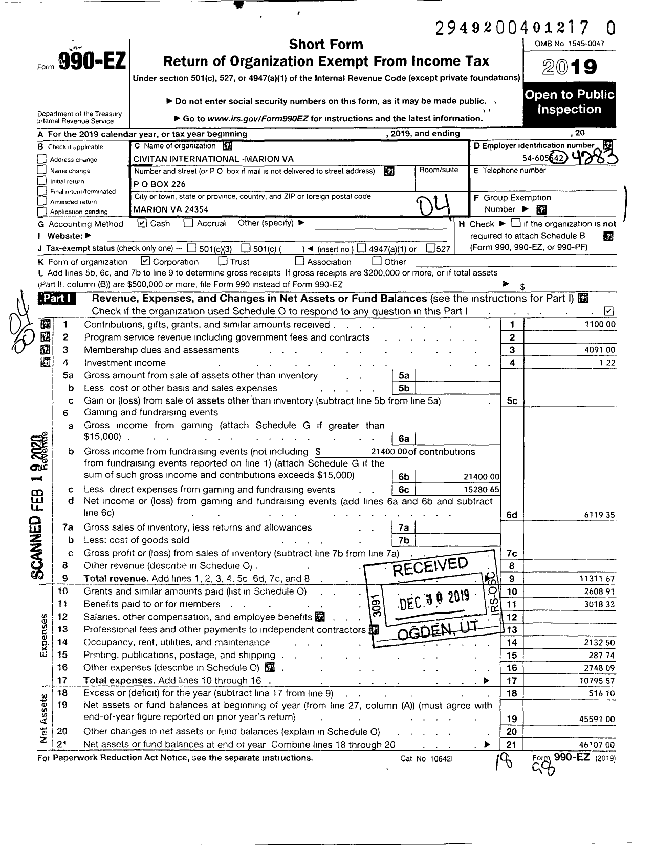 Image of first page of 2019 Form 990EO for Civitan International Marion Va