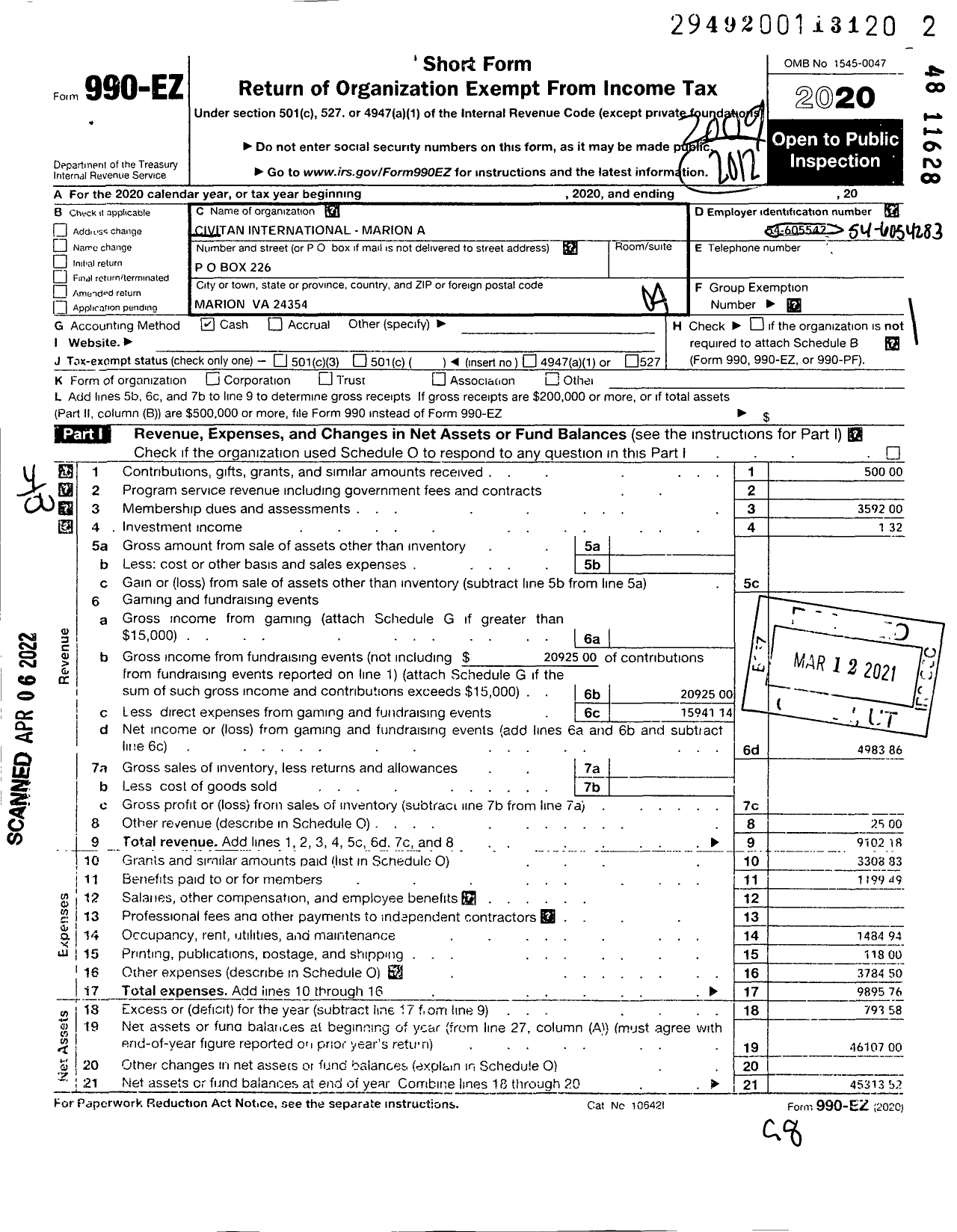 Image of first page of 2019 Form 990EO for Civitan International Marion Va