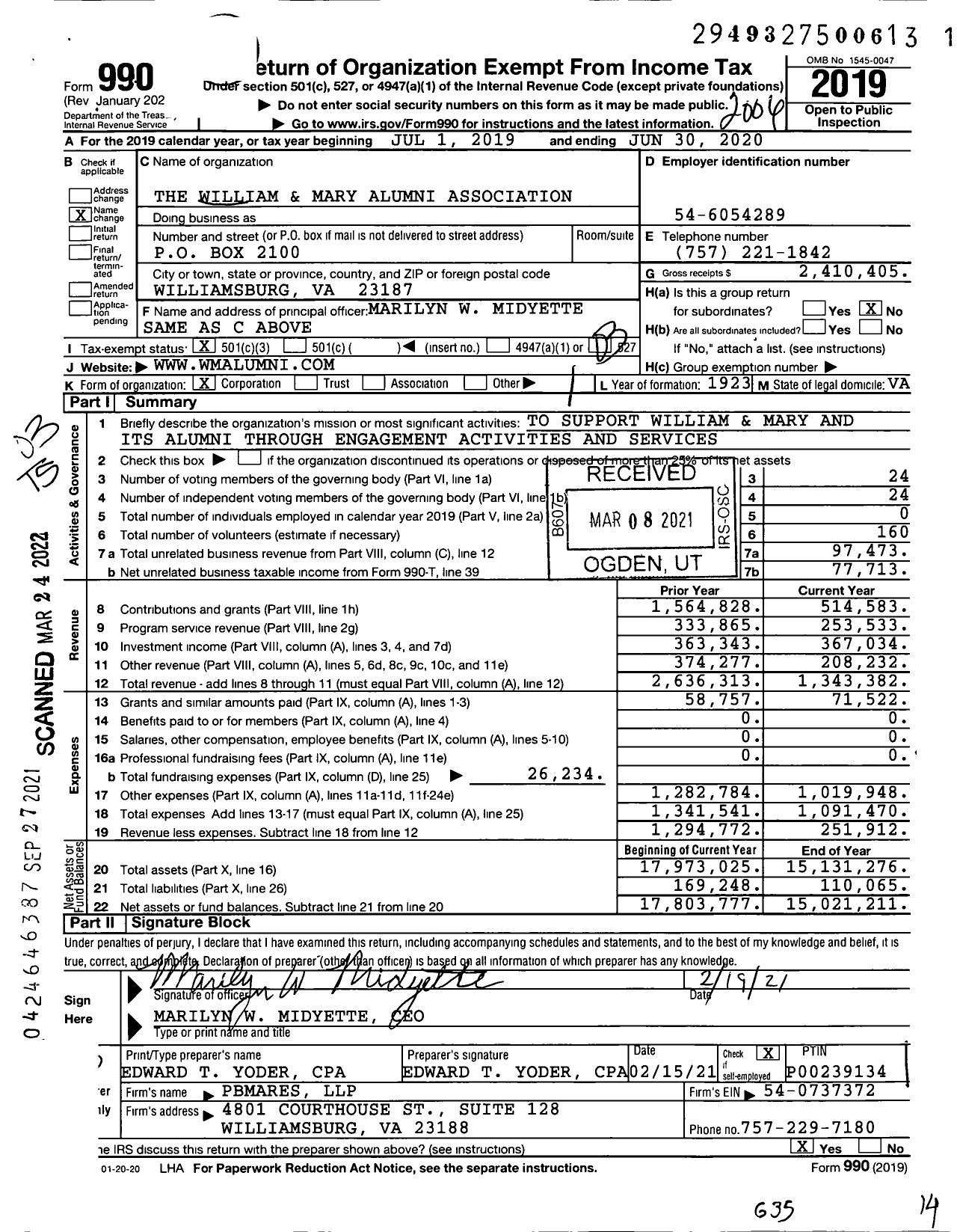 Image of first page of 2019 Form 990 for The William and Mary Alumni Association (WMAA)