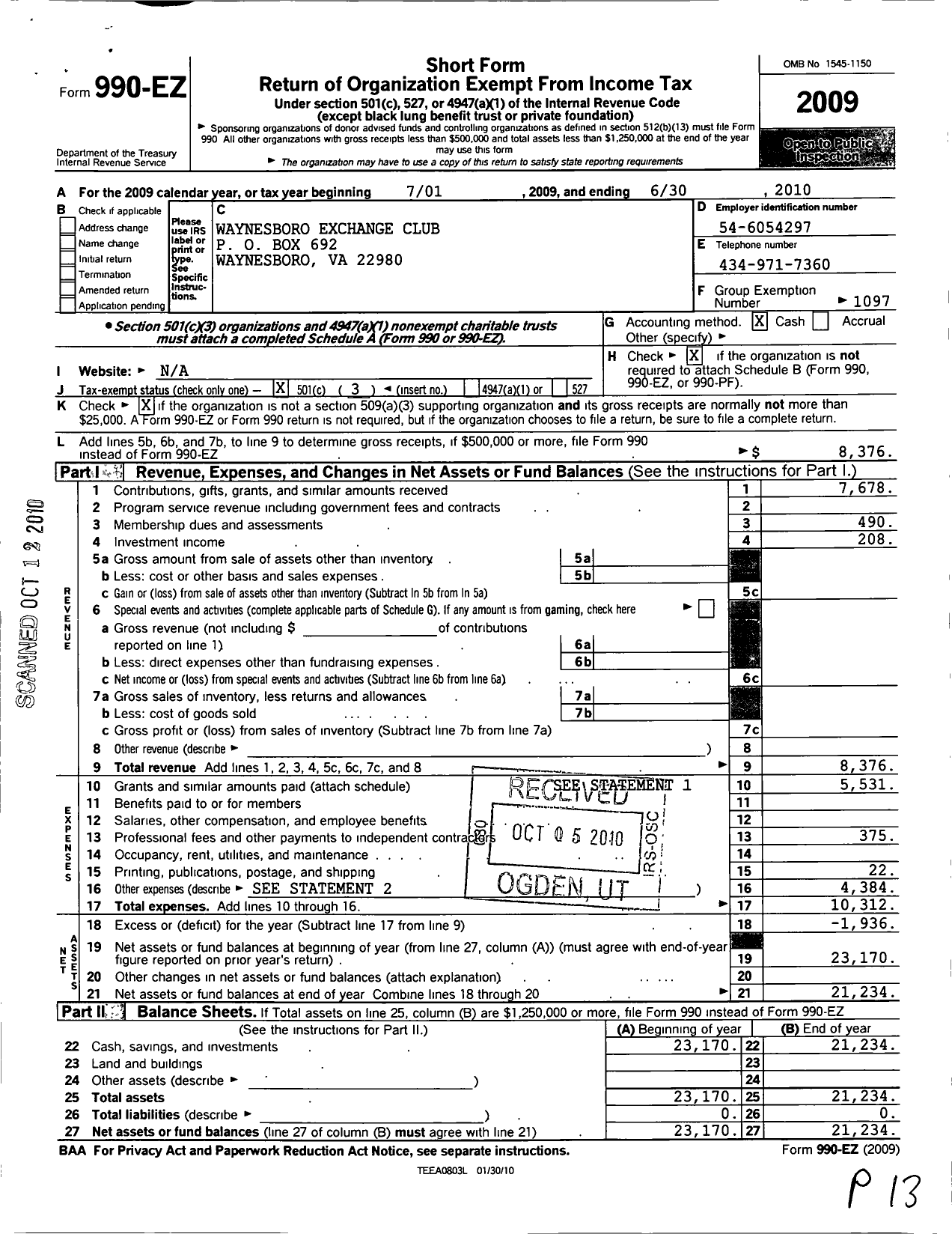 Image of first page of 2009 Form 990EZ for National Exchange Club - 2229 Waynesboro