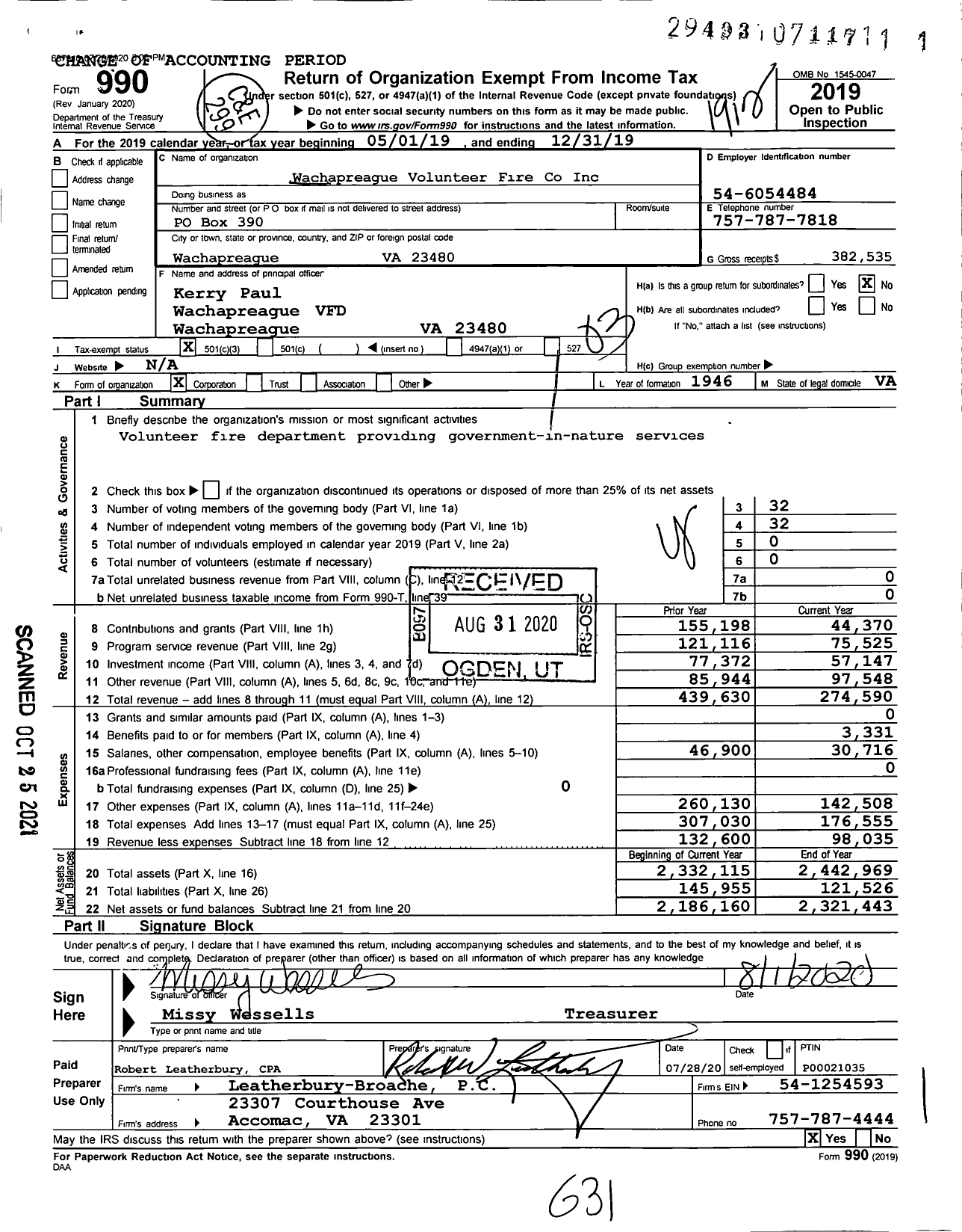 Image of first page of 2019 Form 990 for Wachapreague Volunteer Fire