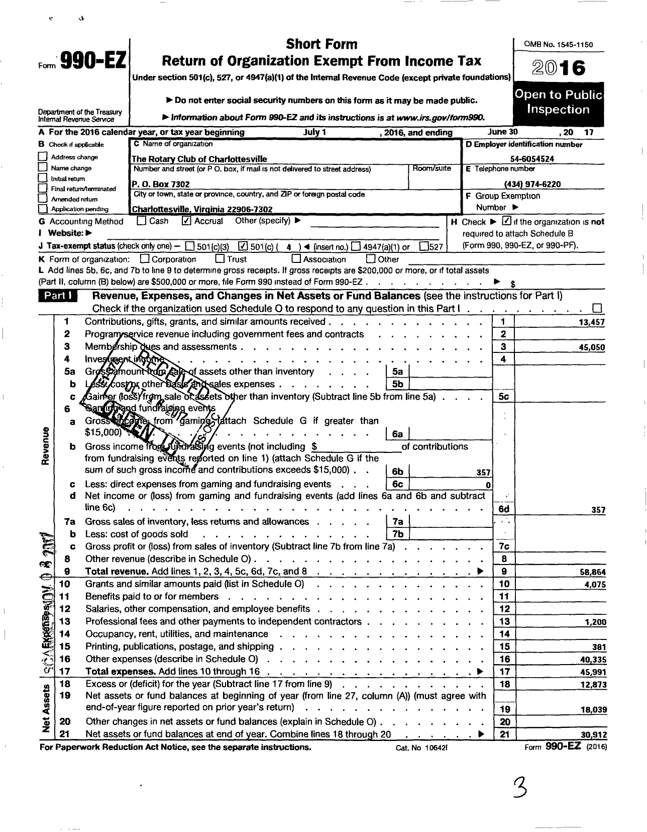 Image of first page of 2016 Form 990EO for Rotary International - Charlottesville Rotary Club