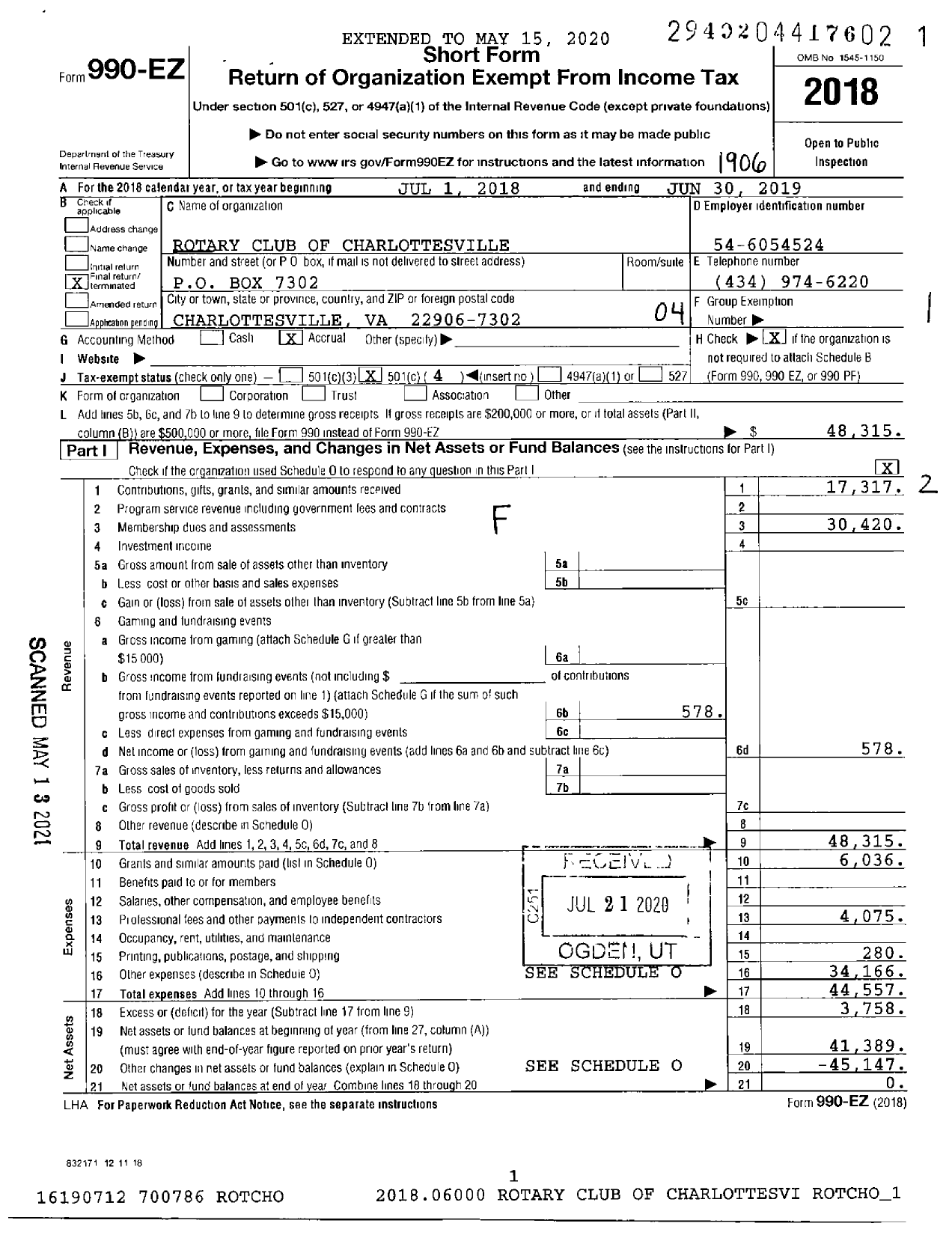 Image of first page of 2018 Form 990EO for Rotary International - Charlottesville Rotary Club
