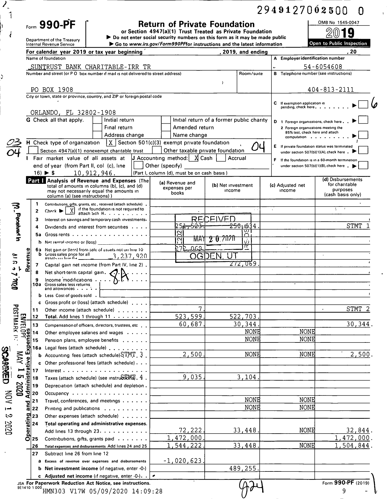 Image of first page of 2019 Form 990PF for Suntrust Bank Charitable-Irr Trust