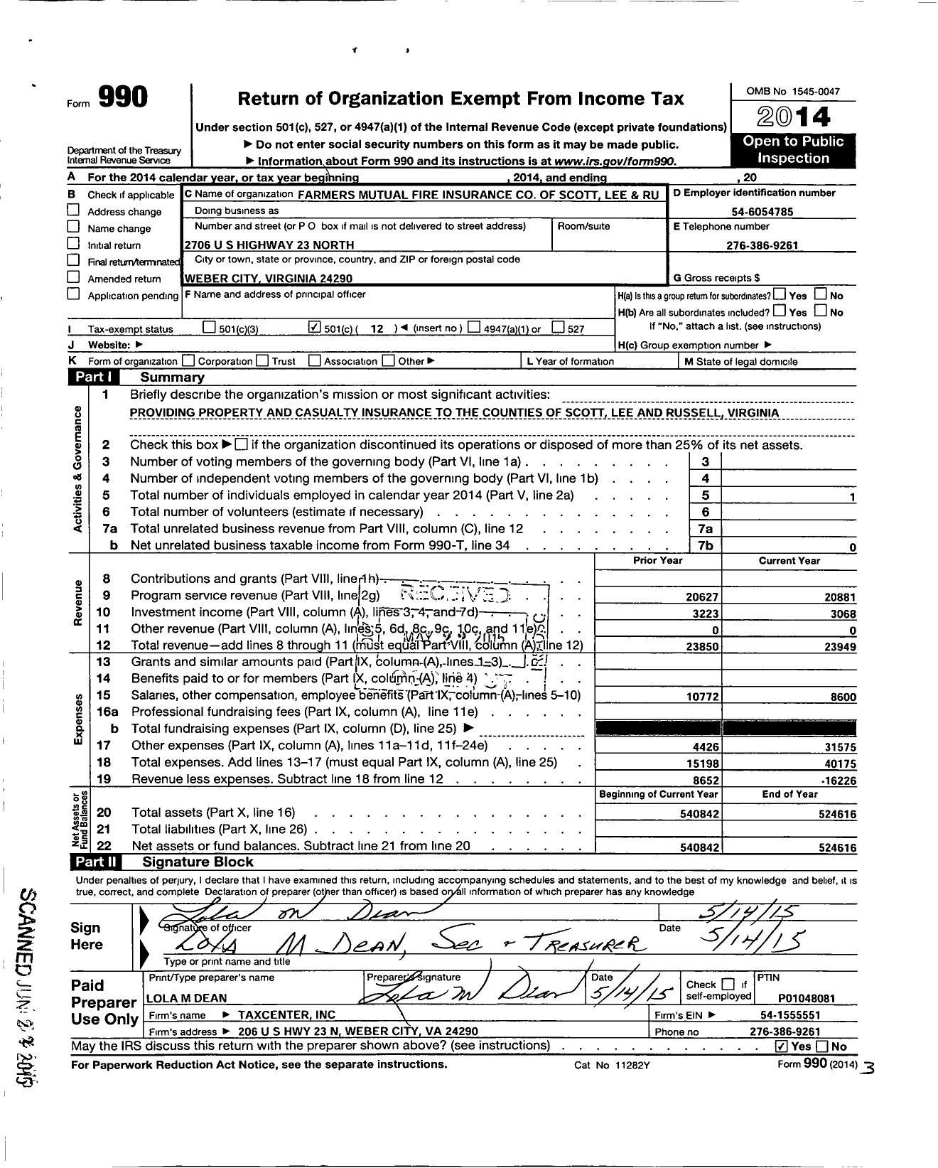 Image of first page of 2014 Form 990O for Farmers Mutual Fire Insurance