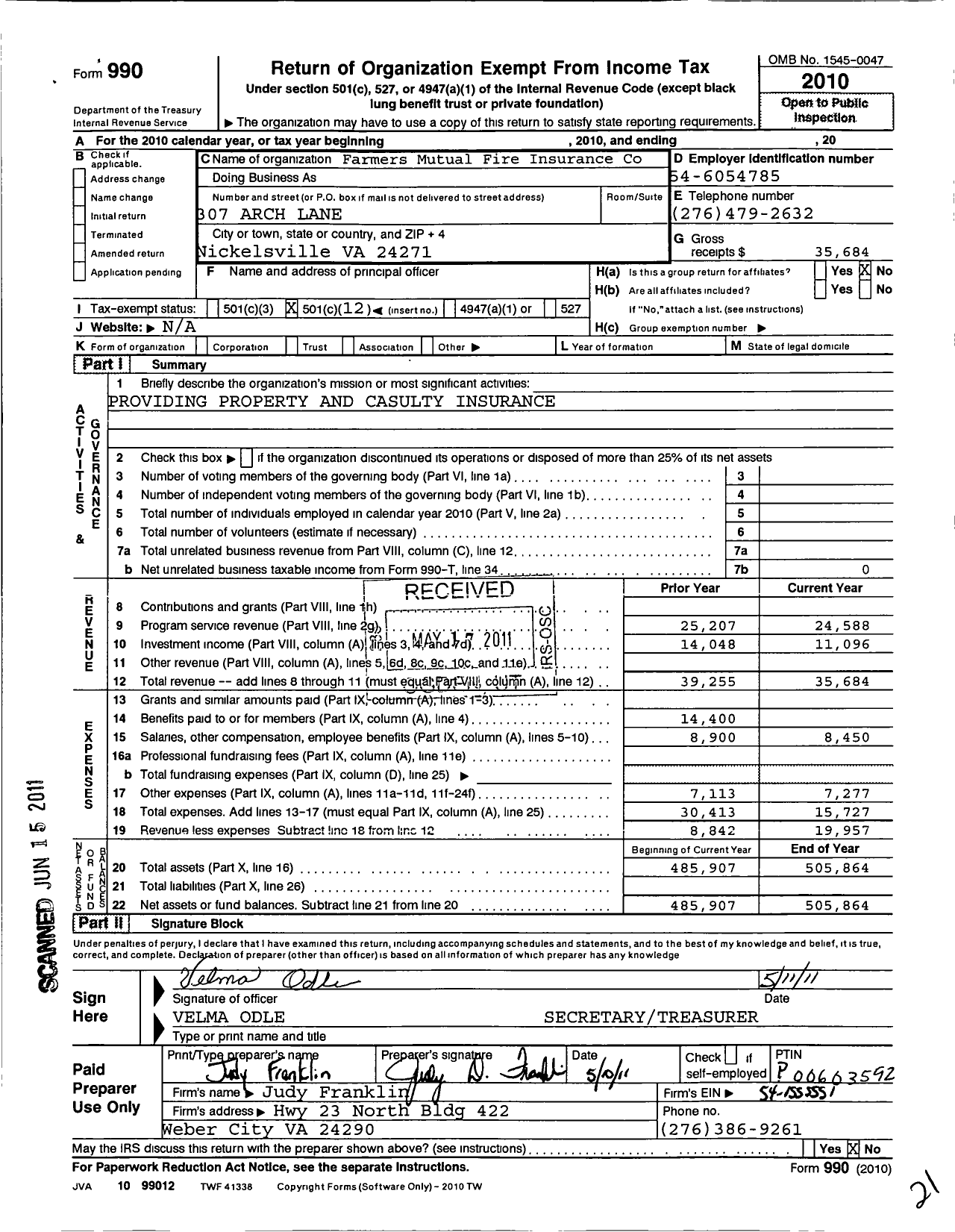 Image of first page of 2010 Form 990O for Farmers Mutual Fire Insurance