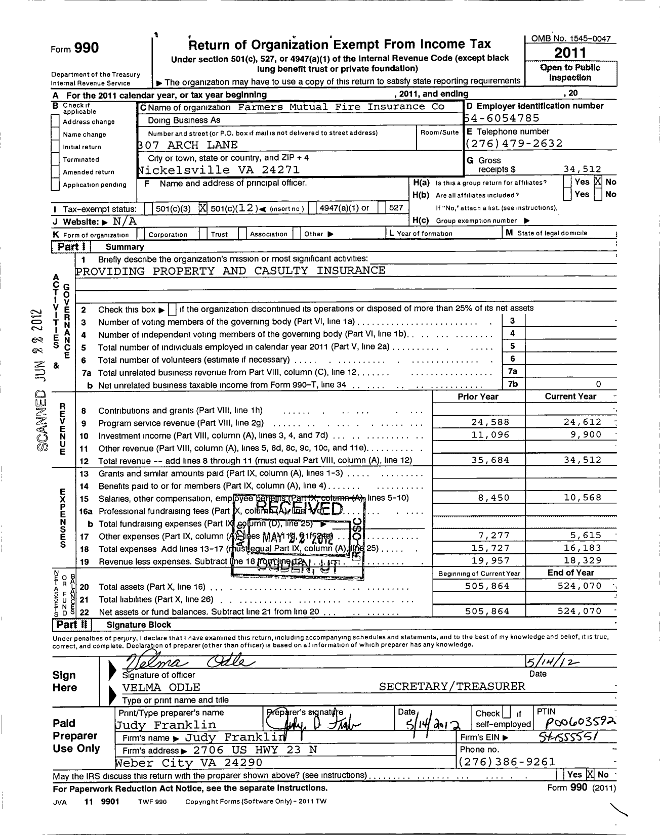 Image of first page of 2011 Form 990O for Farmers Mutual Fire Insurance