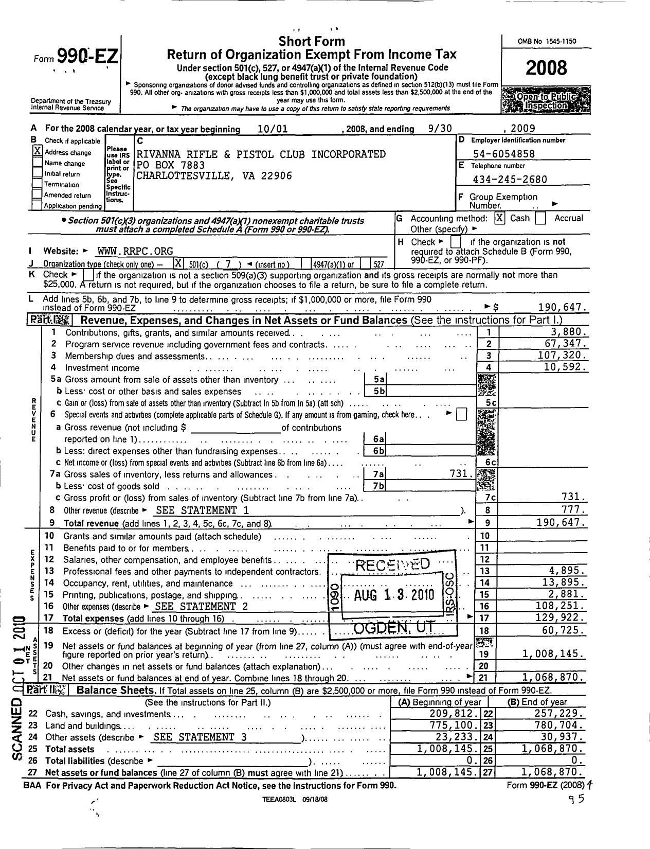 Image of first page of 2008 Form 990EO for Rivanna Rifle and Pistol Club Incorporated