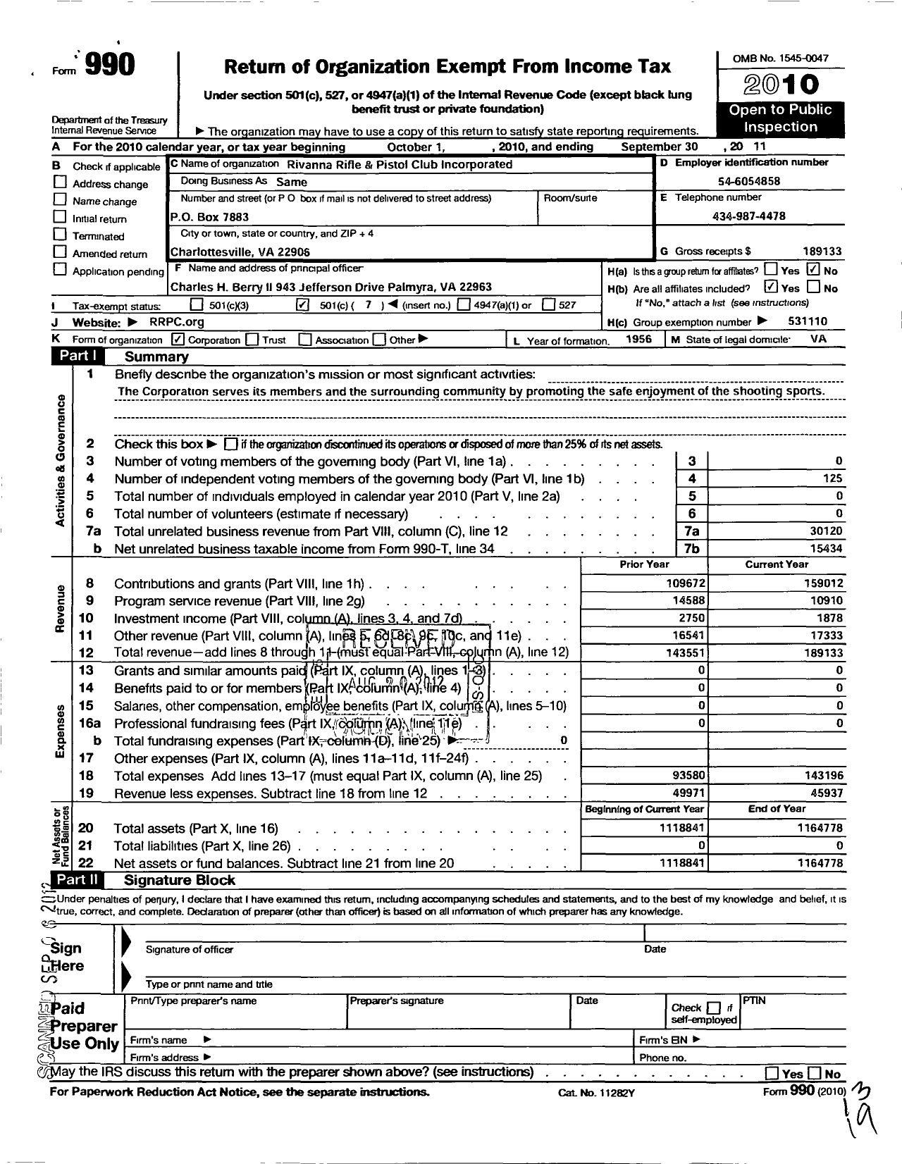 Image of first page of 2010 Form 990O for Rivanna Rifle and Pistol Club Incorporated