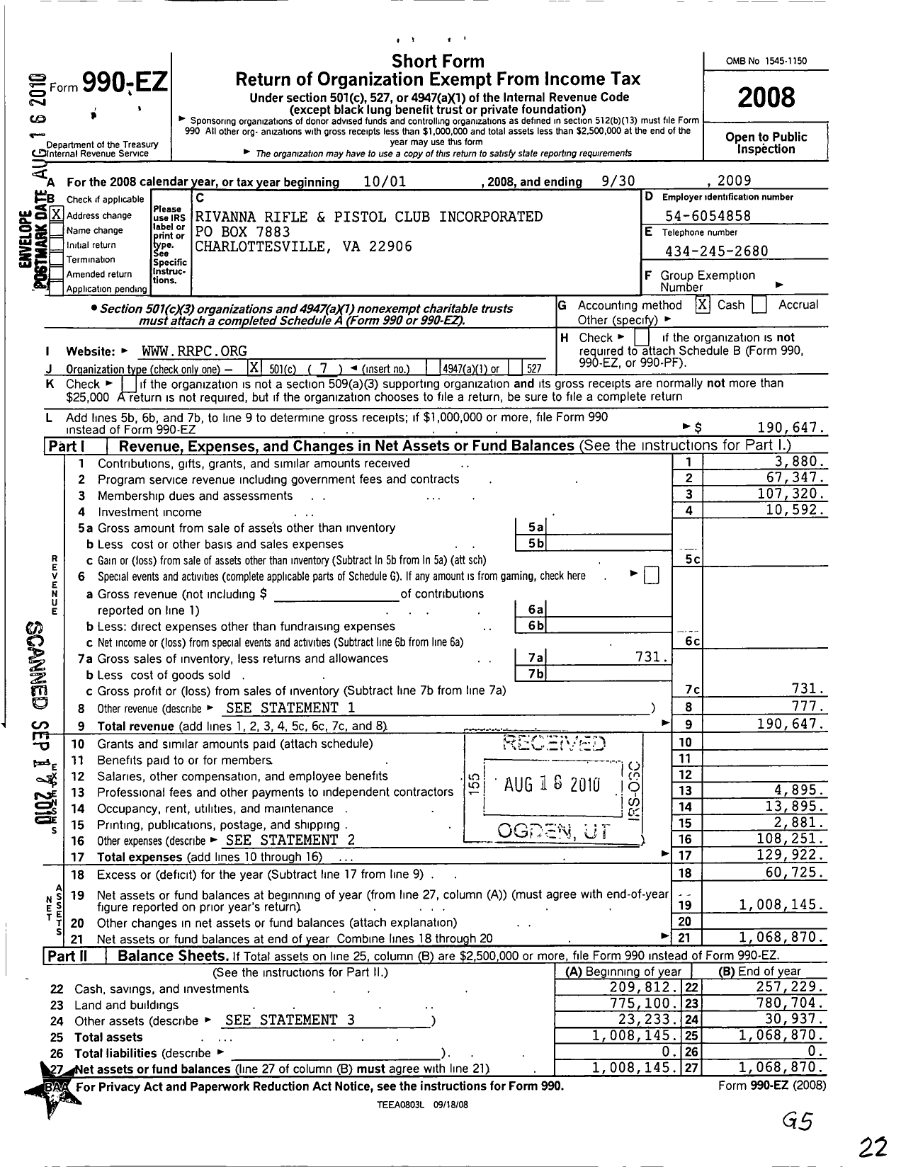 Image of first page of 2008 Form 990EO for Rivanna Rifle and Pistol Club Incorporated