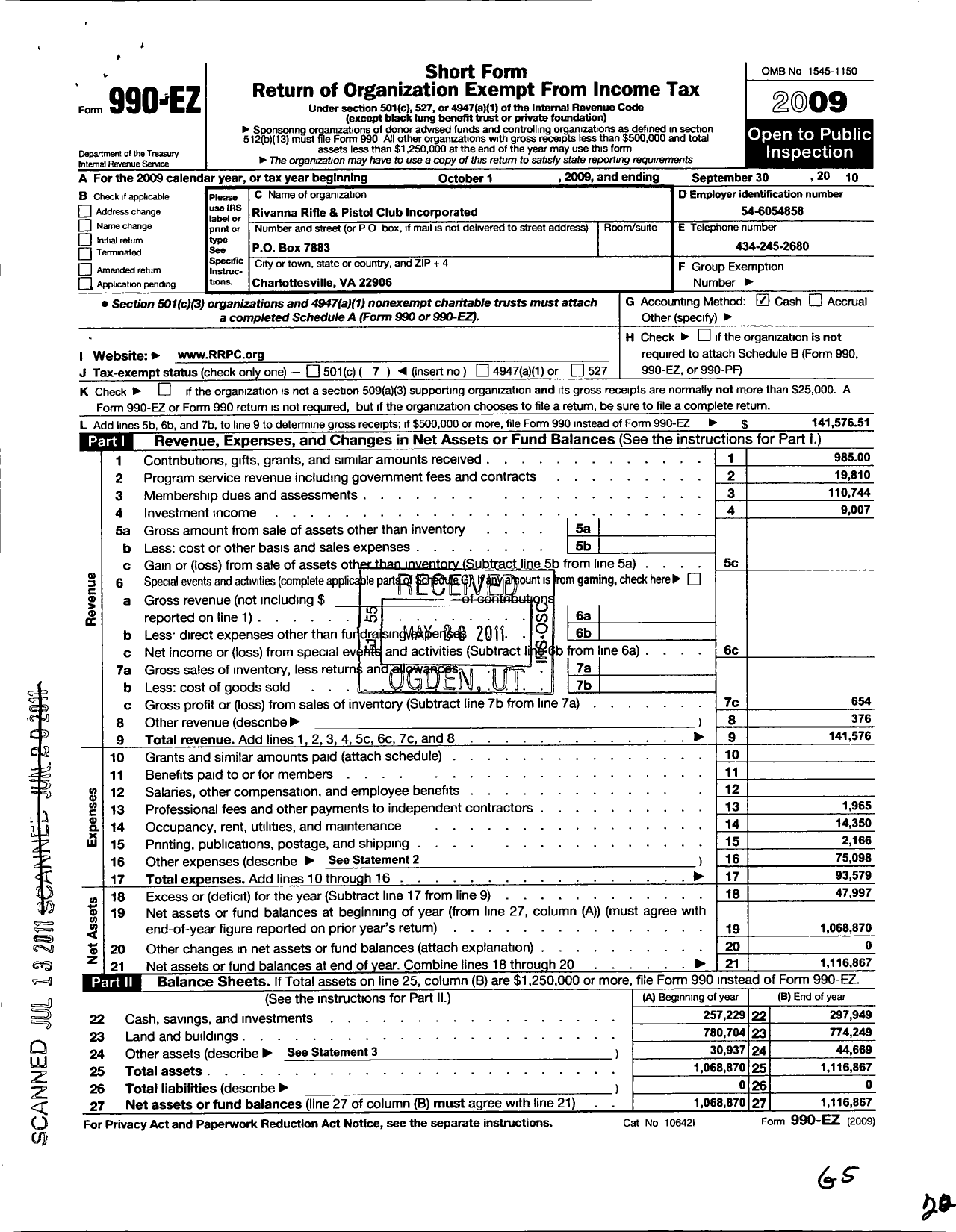 Image of first page of 2009 Form 990EO for Rivanna Rifle and Pistol Club Incorporated