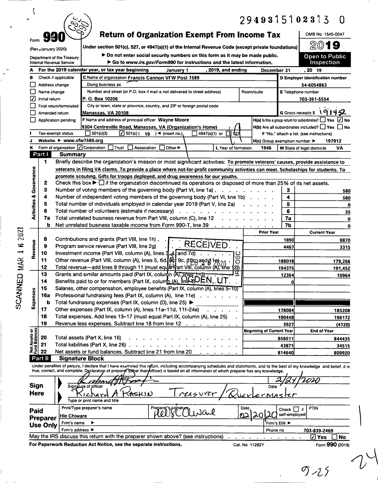 Image of first page of 2019 Form 990O for VFW Virginia - 7589 Manassas