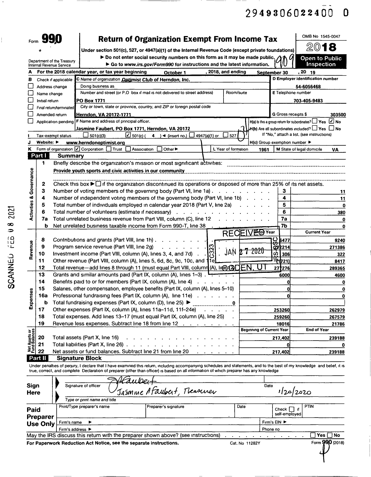 Image of first page of 2018 Form 990O for Optimist International - Optimist Club of Herndon Va