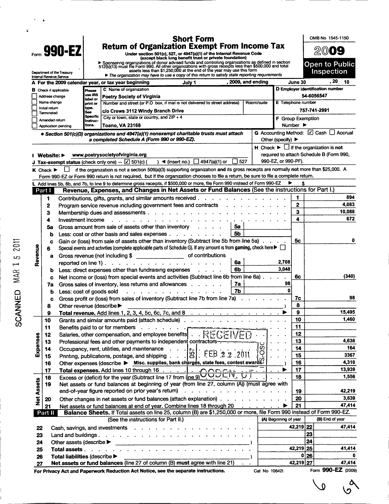 Image of first page of 2009 Form 990EO for Poetry Society of Virginia