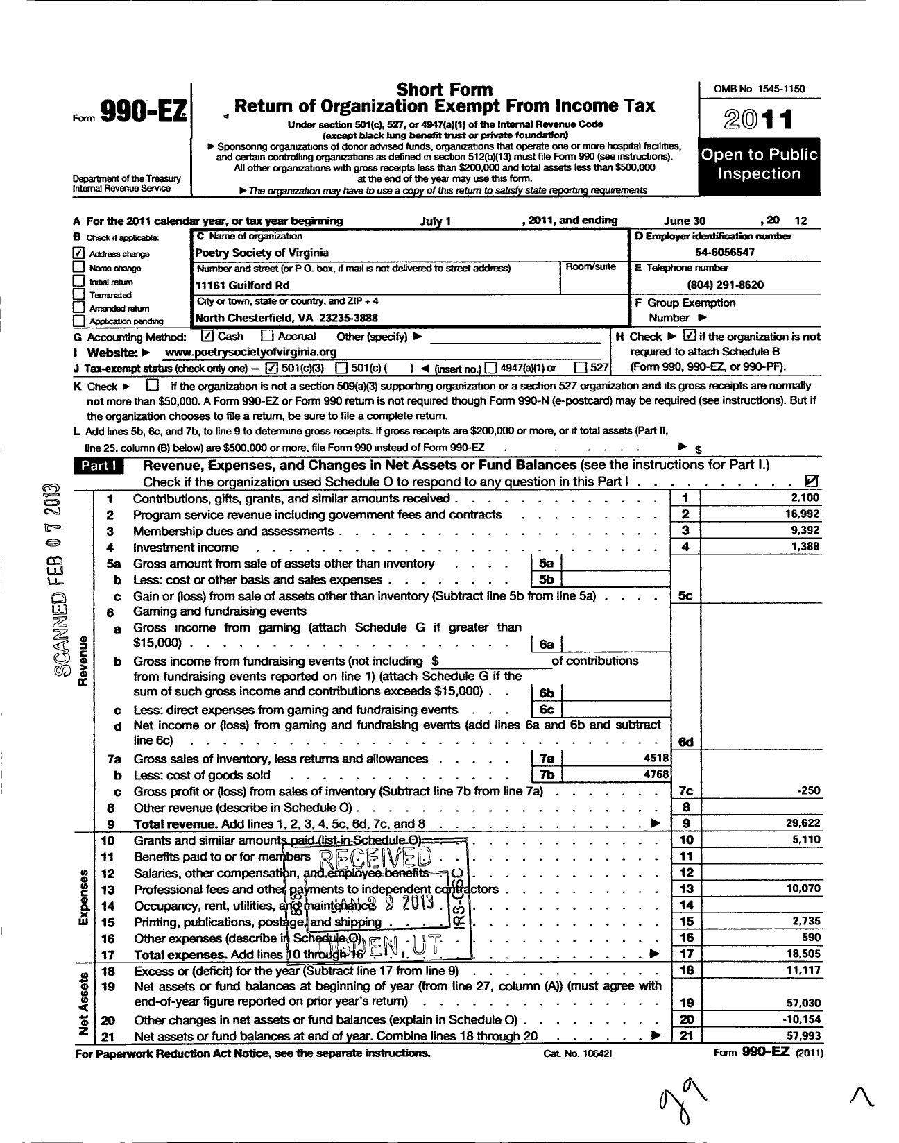 Image of first page of 2011 Form 990EZ for Poetry Society of Virginia